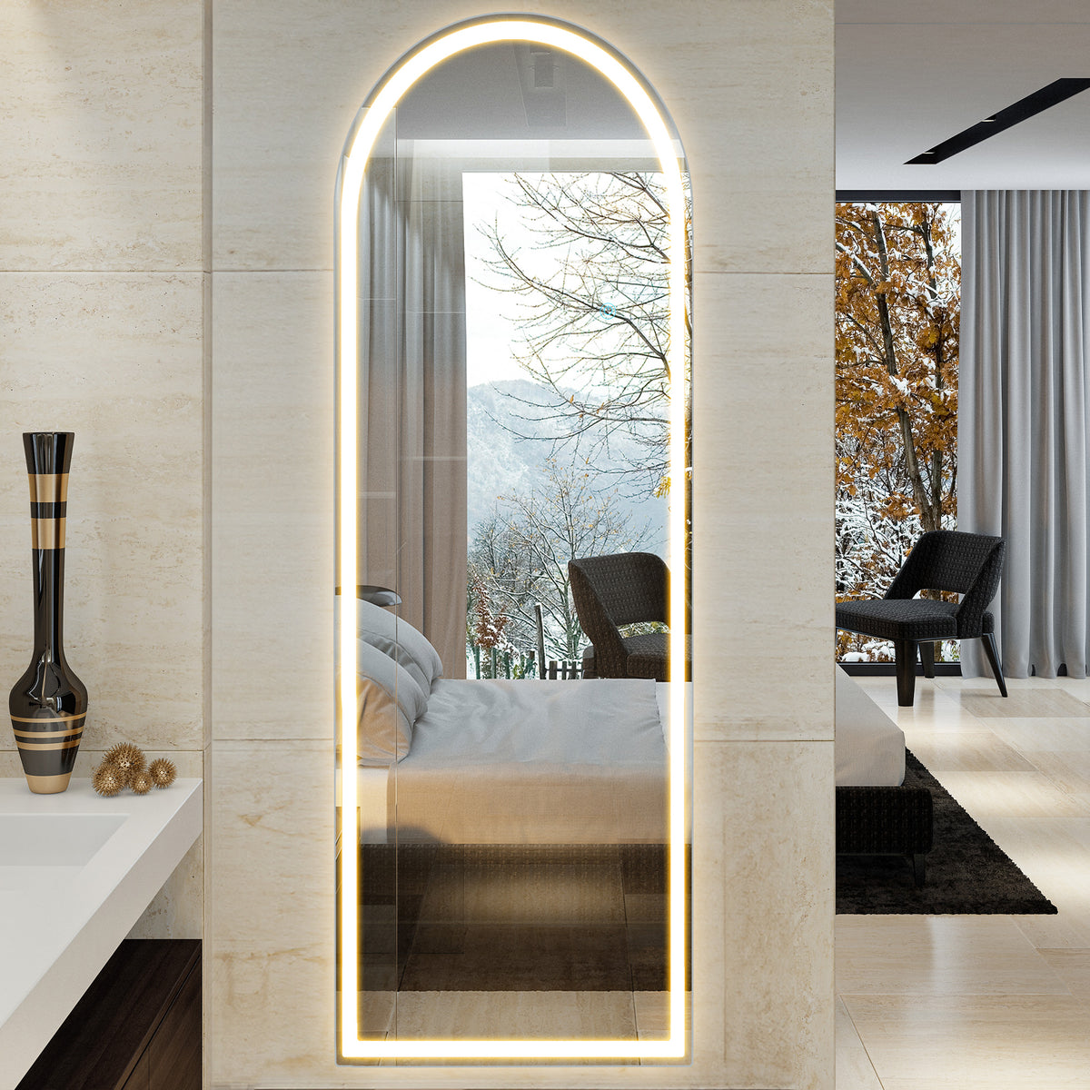 Full Length LED Mirror with 3 Color Lights - Arched & Rectangle Standing Floor Mirror
