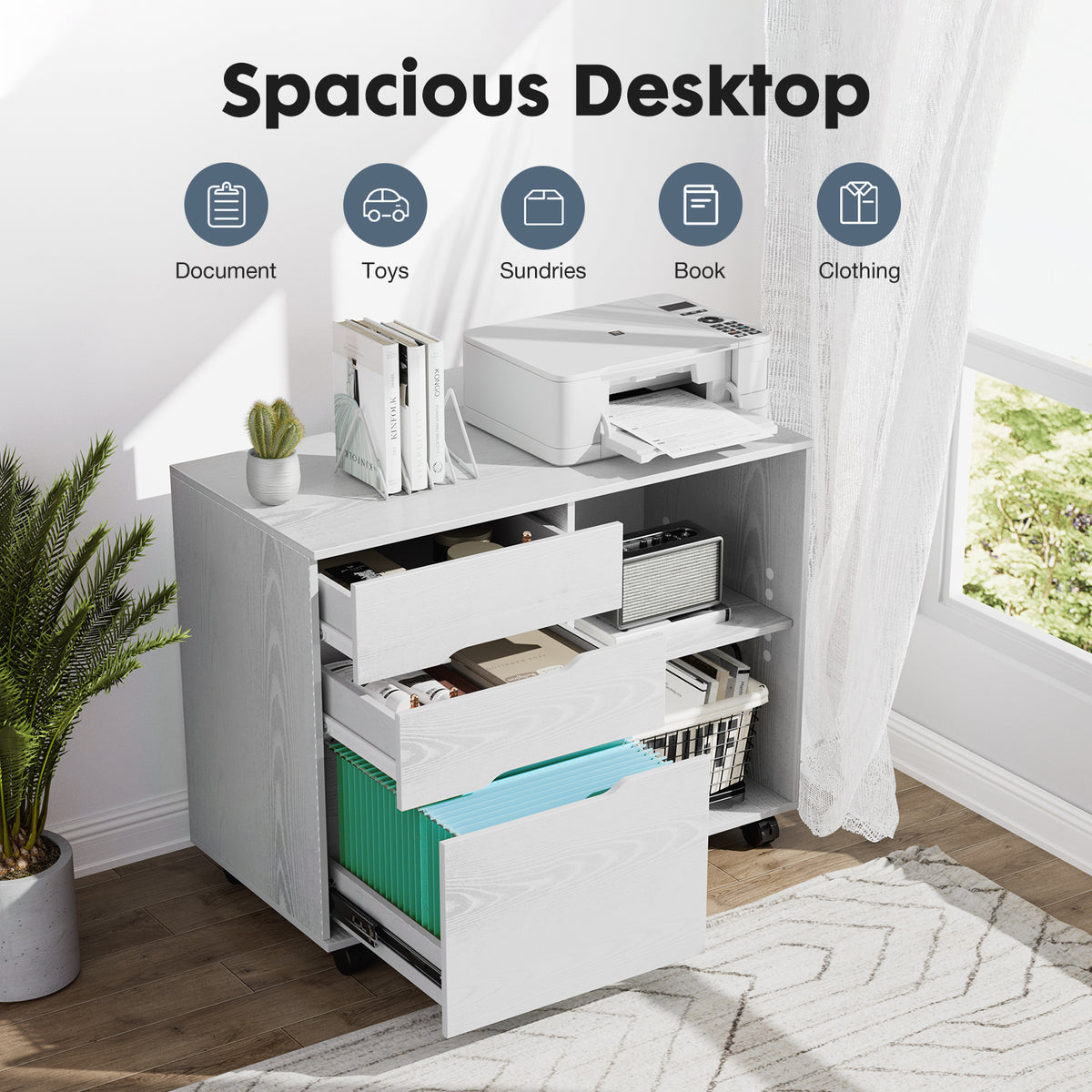3-Drawer Rolling File Cabinet with Open Storage Shelf - Black/White