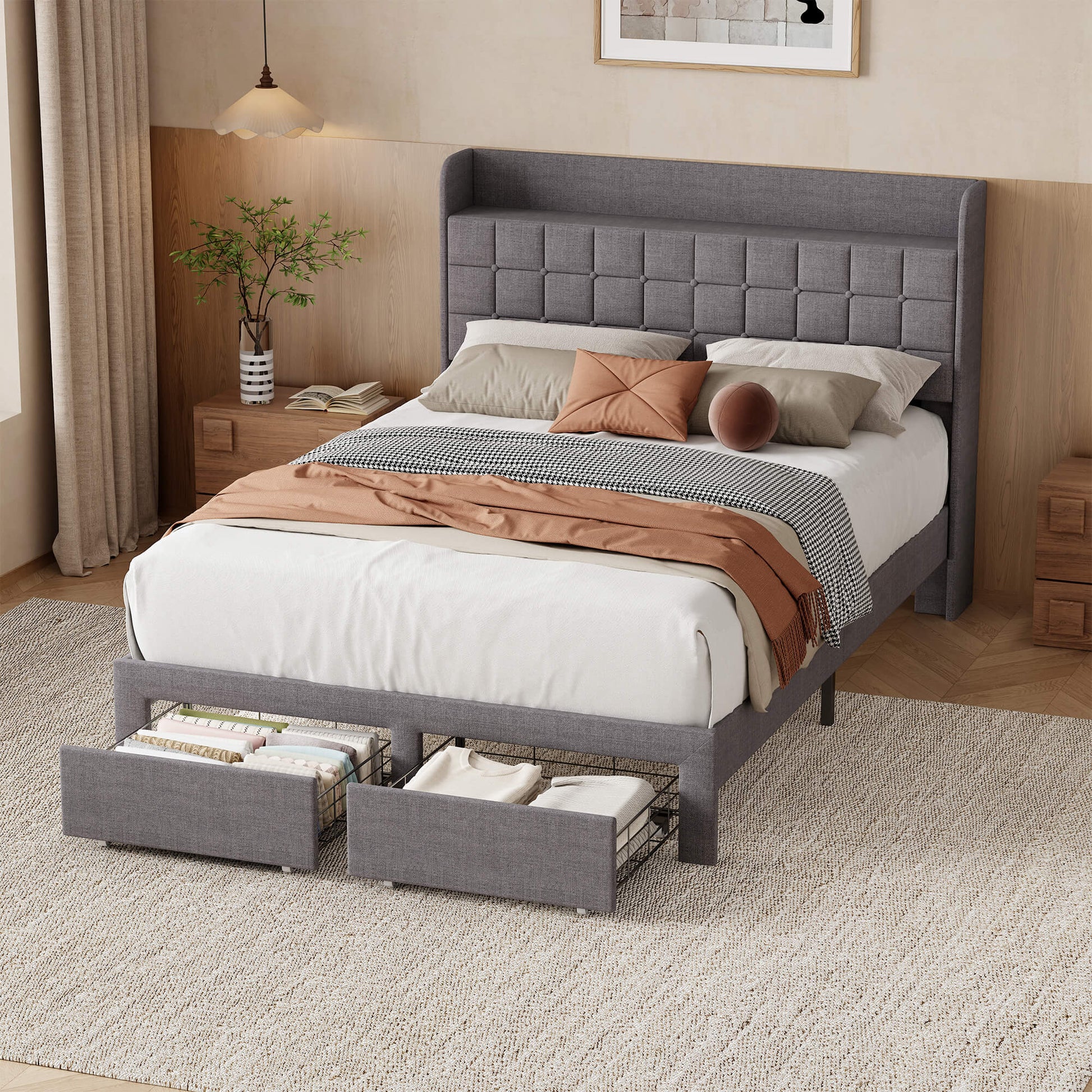 Upholstered Heavy Duty Platform Bed Frame with Drawers