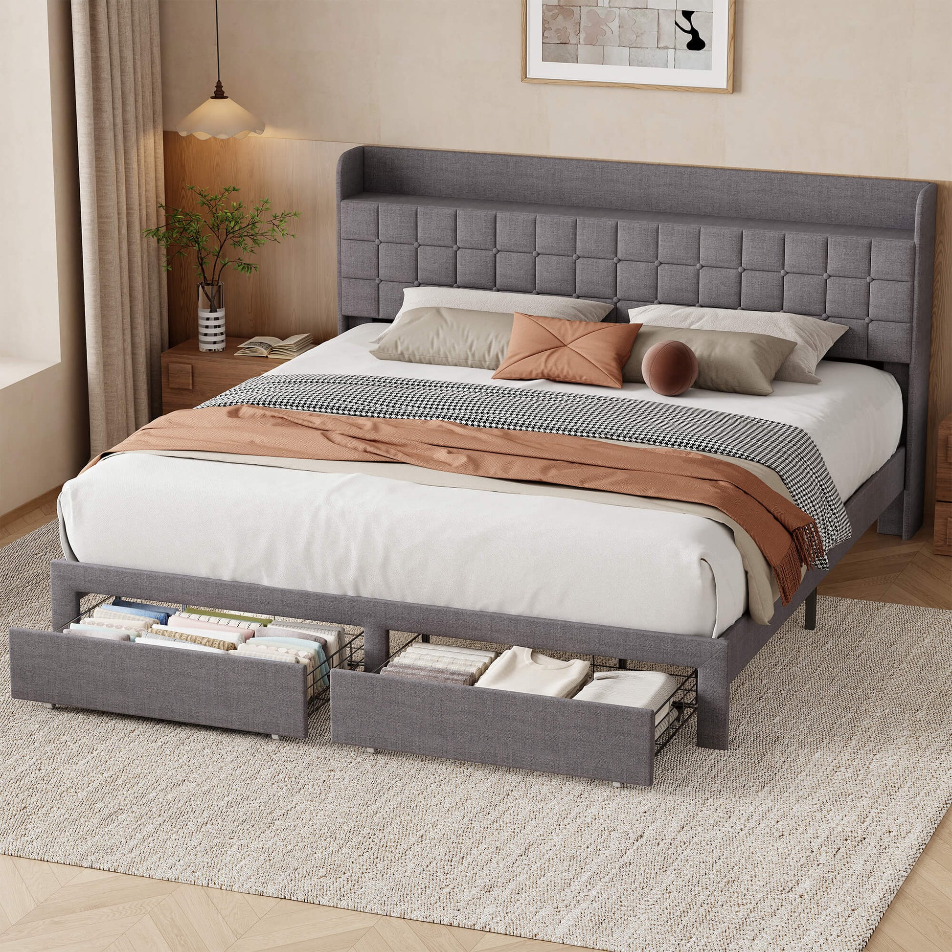 Upholstered Heavy Duty Platform Bed Frame with Drawers