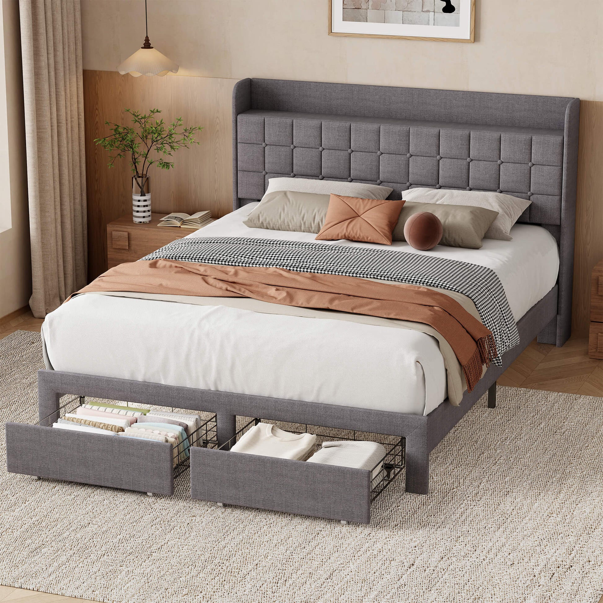 Upholstered Heavy Duty Platform Bed Frame with Drawers