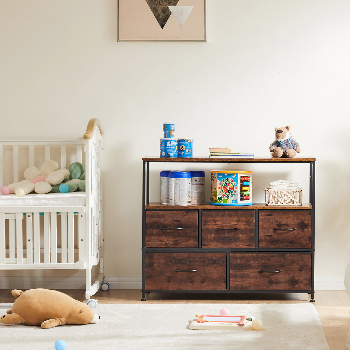 Modern TV Stand with 5 Fabric Drawers, Adjustable Feet, TV Cabinet for Living Room Bedroom