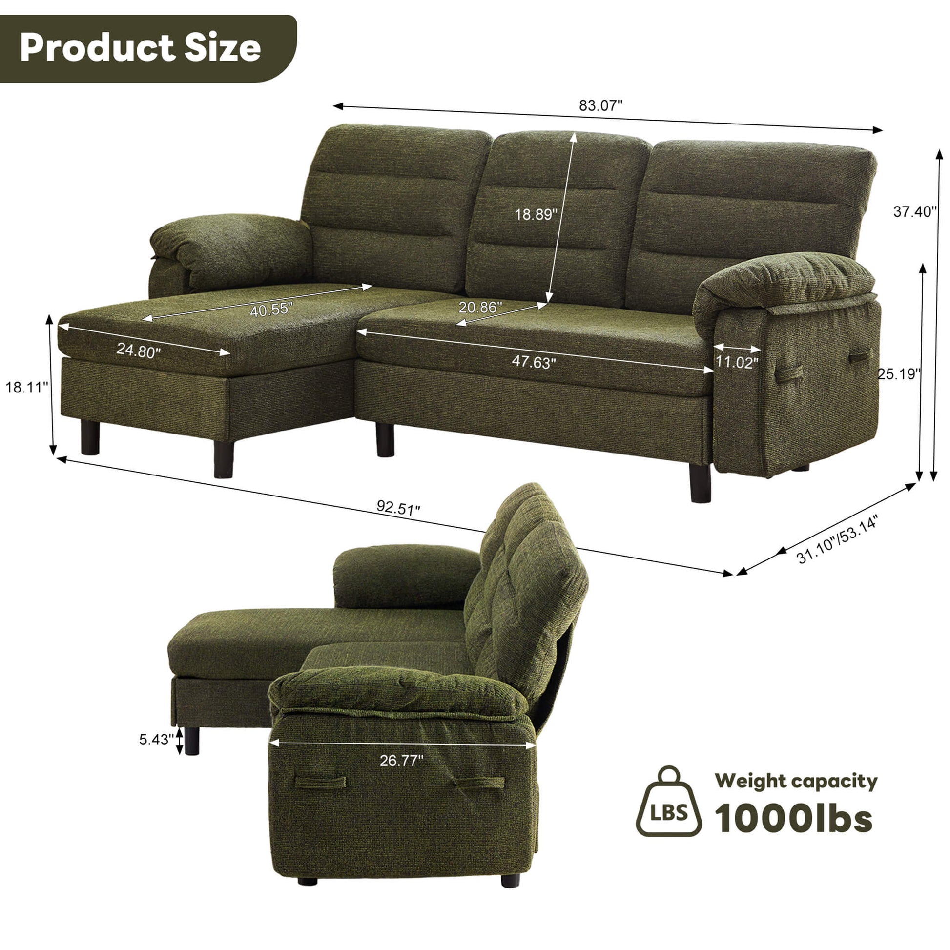 L-Shaped Convertible Sofa Set with Chaise for Living Room