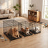 Three dogs in separate black wire crates in a living room.