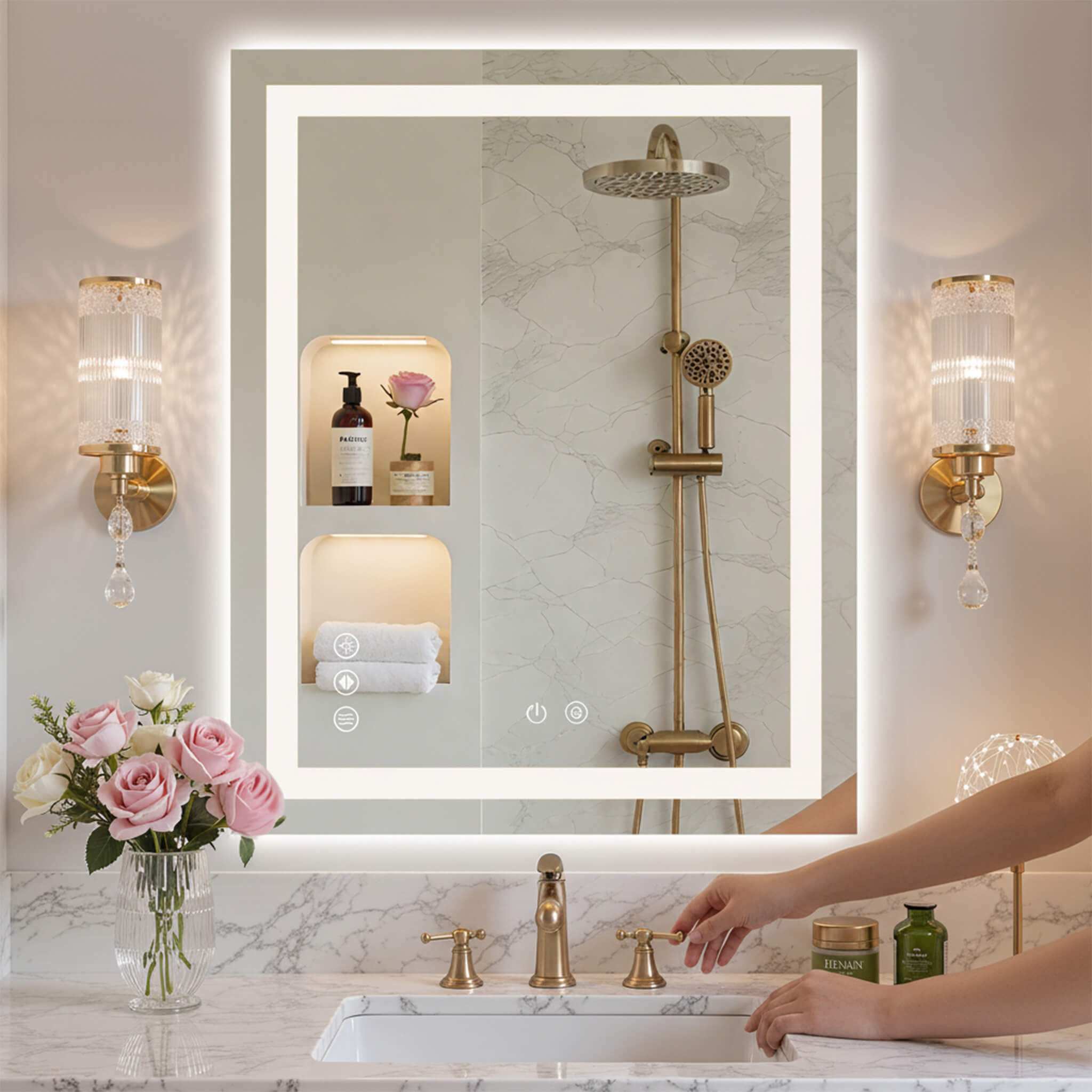 Rectangular LED Bathroom Mirror with Anti-Fog & Touch Control
