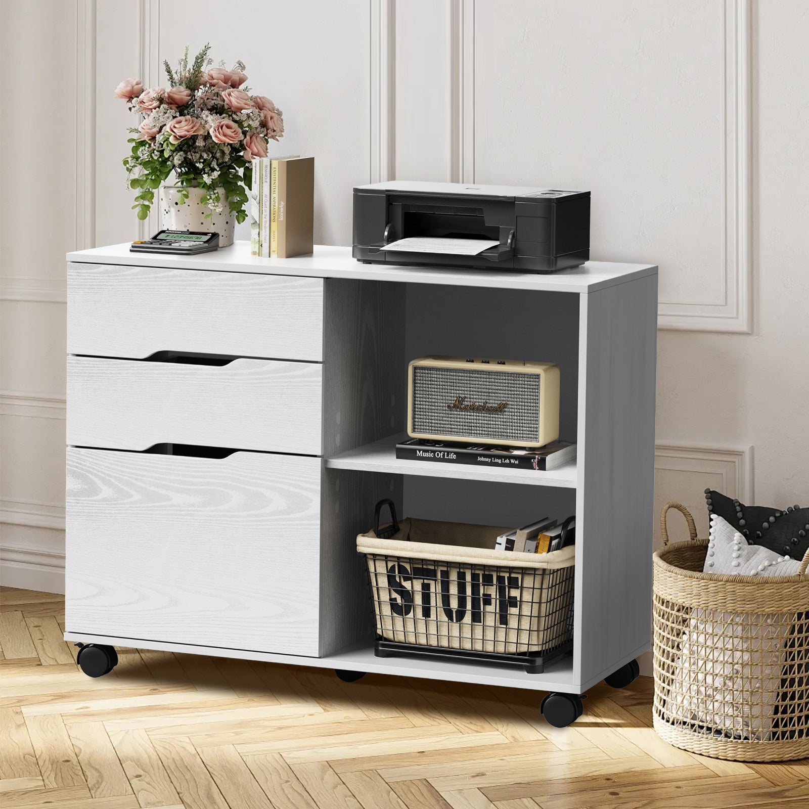 3-Drawer Rolling File Cabinet with Open Storage Shelf - Black/White
