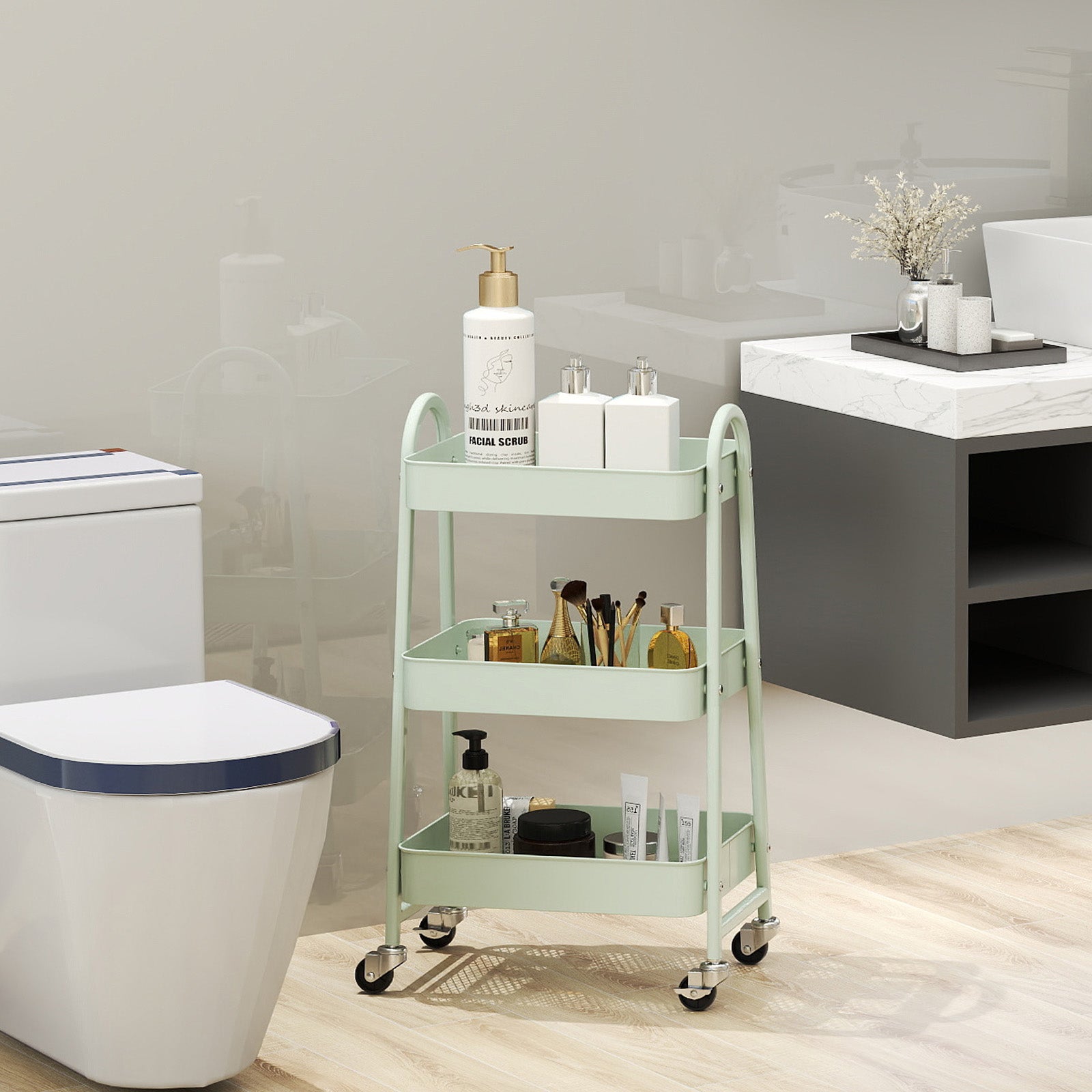 3-Tier Rolling Storage Cart with Lockable Wheels