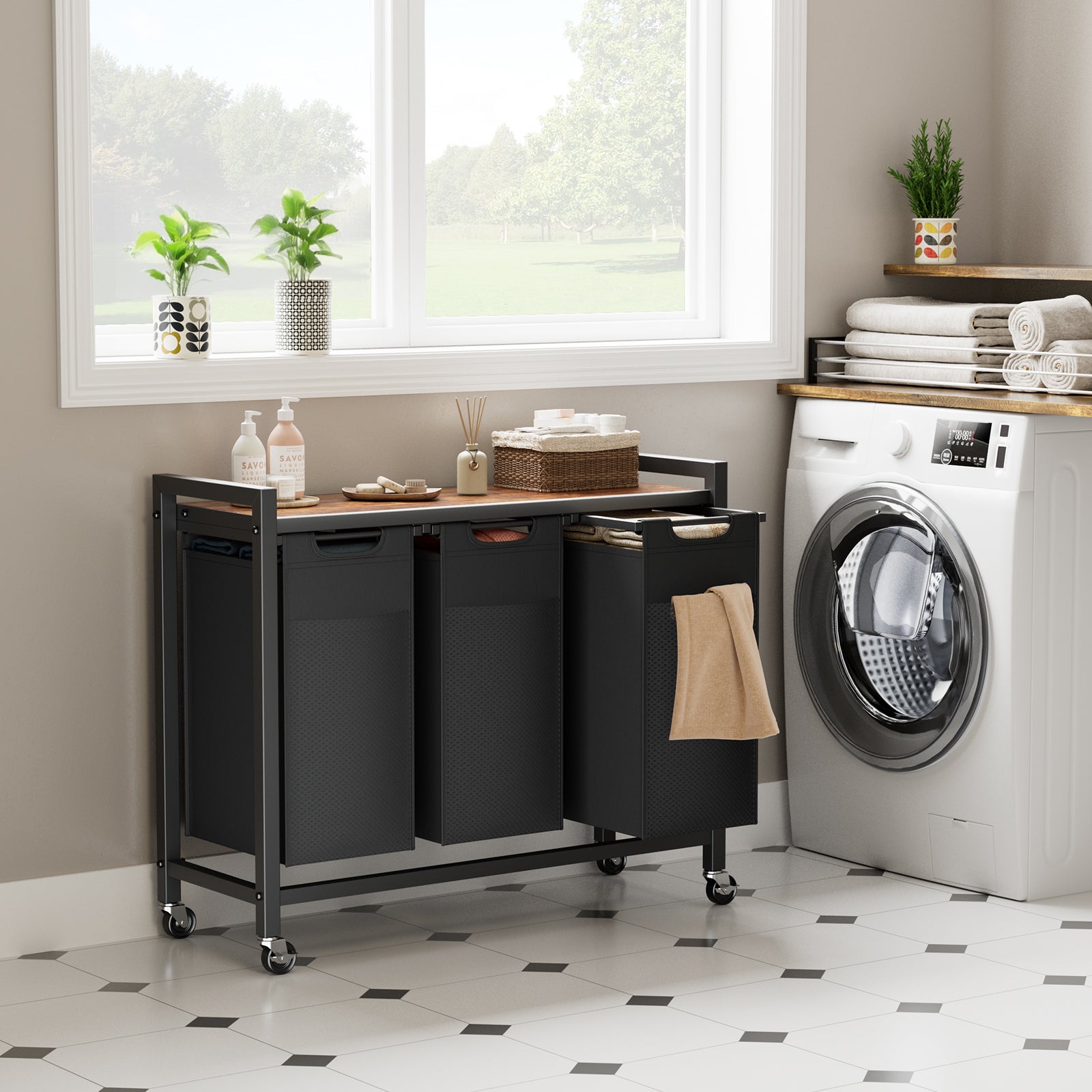 Rolling Laundry Basket with Shelf with Multiple Drawers