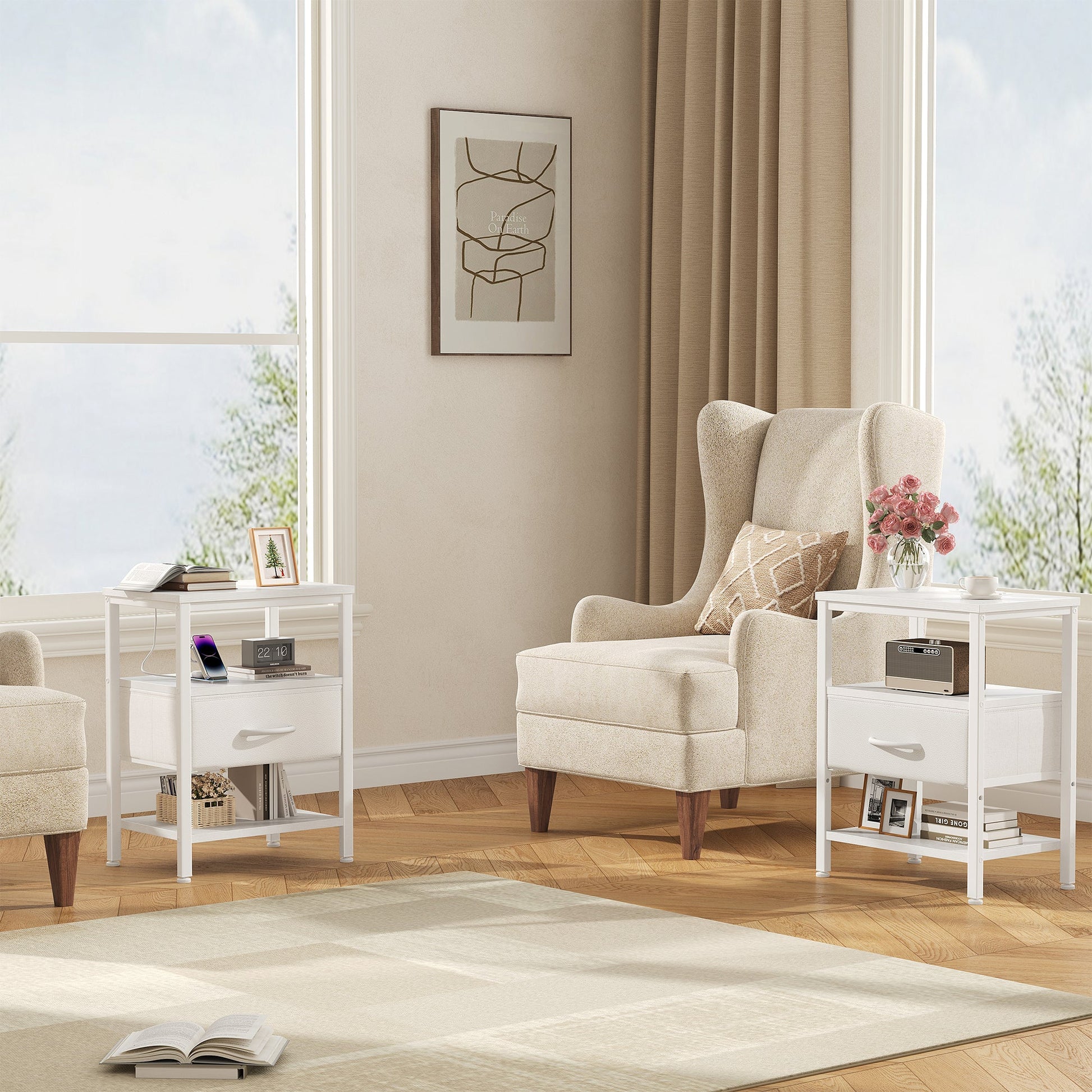 Modern Nightstand with Power Outlets and Fabric Drawer