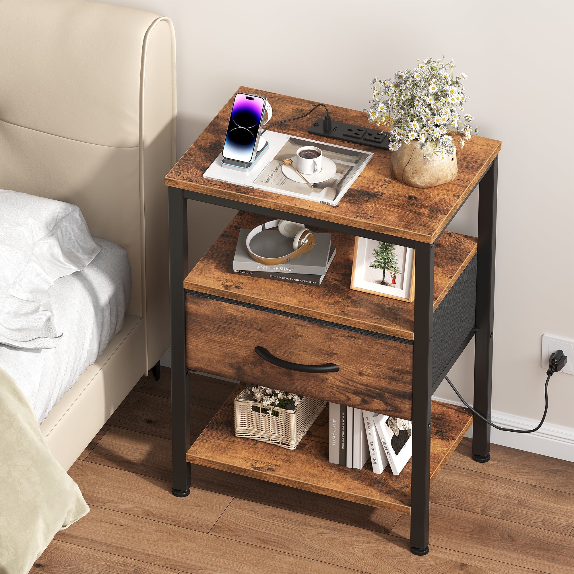Modern Nightstand with Power Outlets and Fabric Drawer
