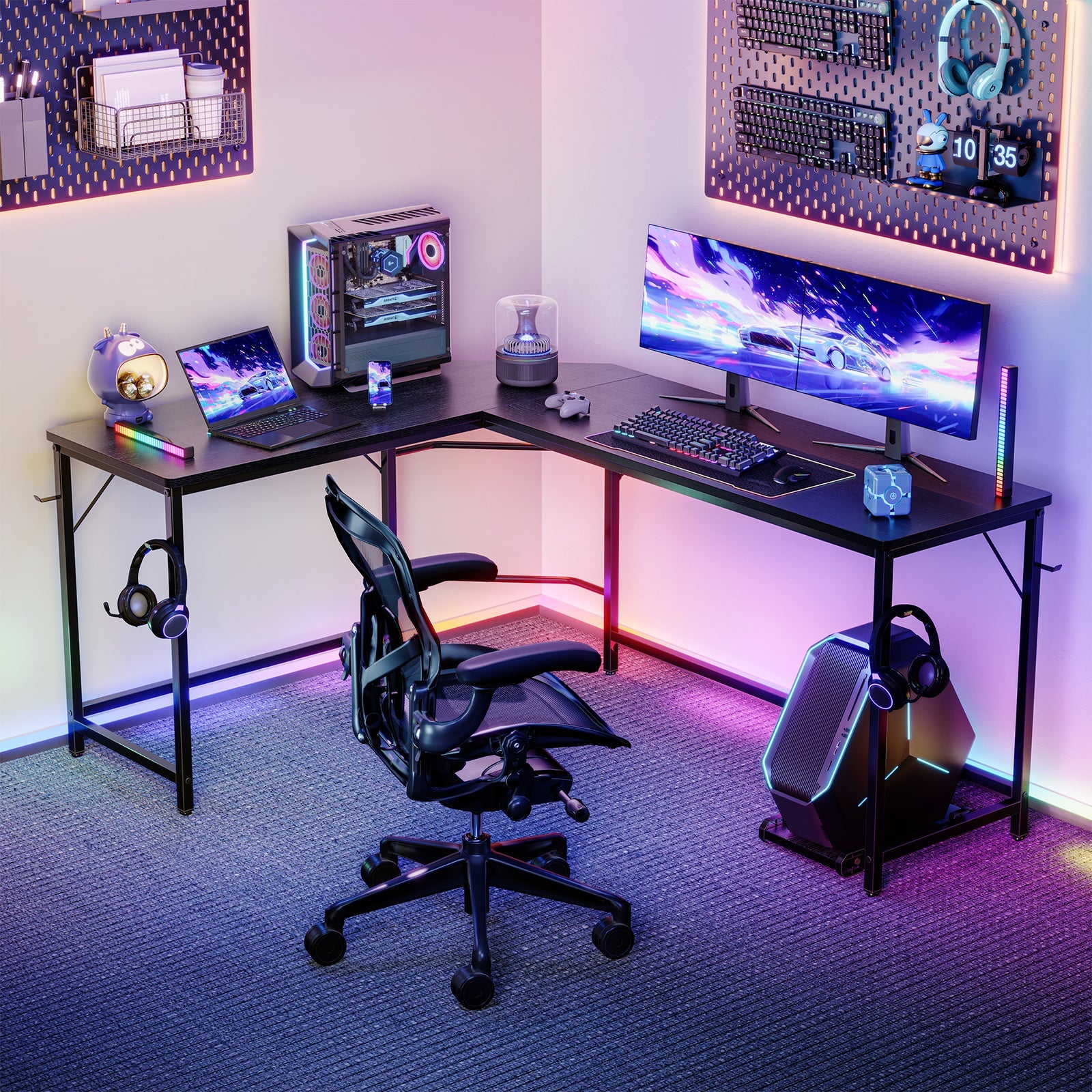 L-shaped Computer Desk with CPU Stand and Side Hooks