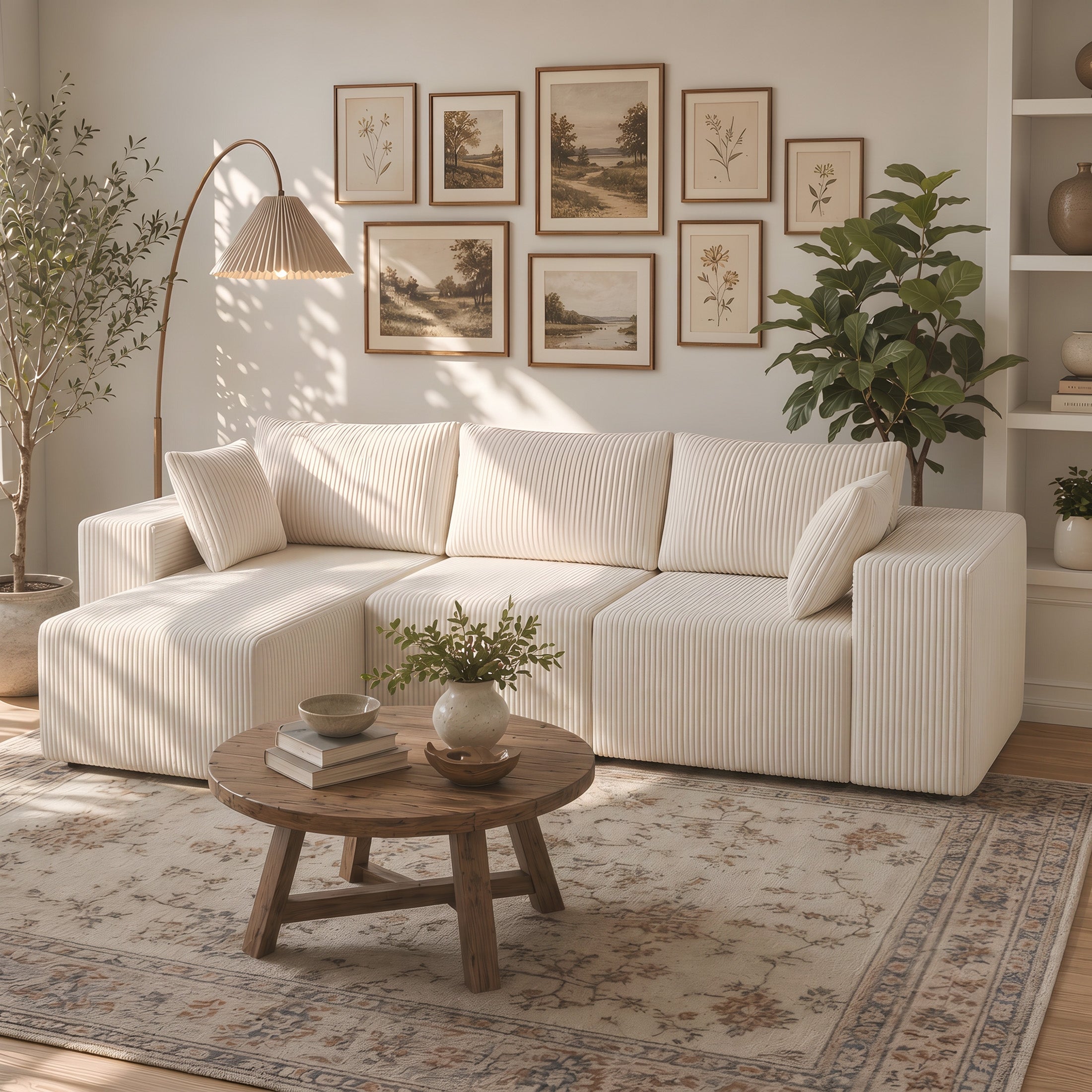 108" Modular Sectional Sofa with Chaise, Cloud Plush Corduroy Couch - Beige