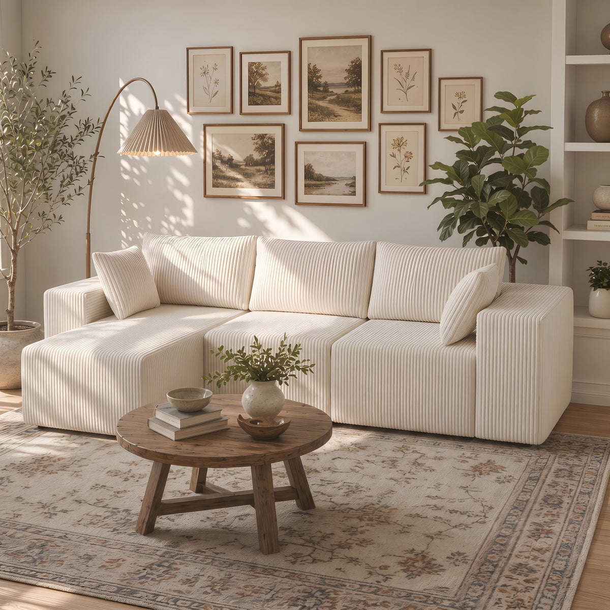 108" Modular Sectional Sofa with Chaise, Cloud Plush Corduroy Couch - Beige