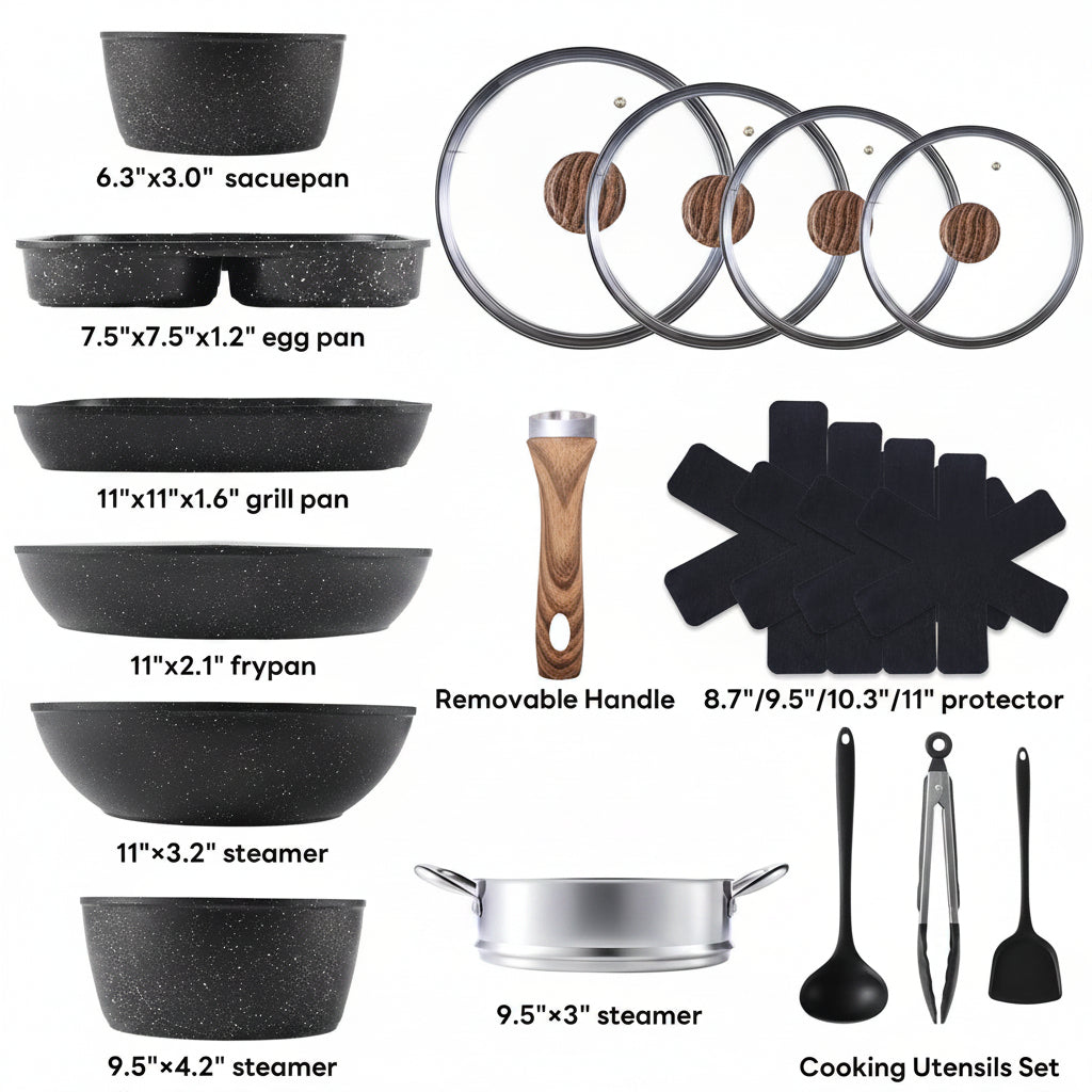 17-Piece Non-Stick Cookware Set with Detachable Handles