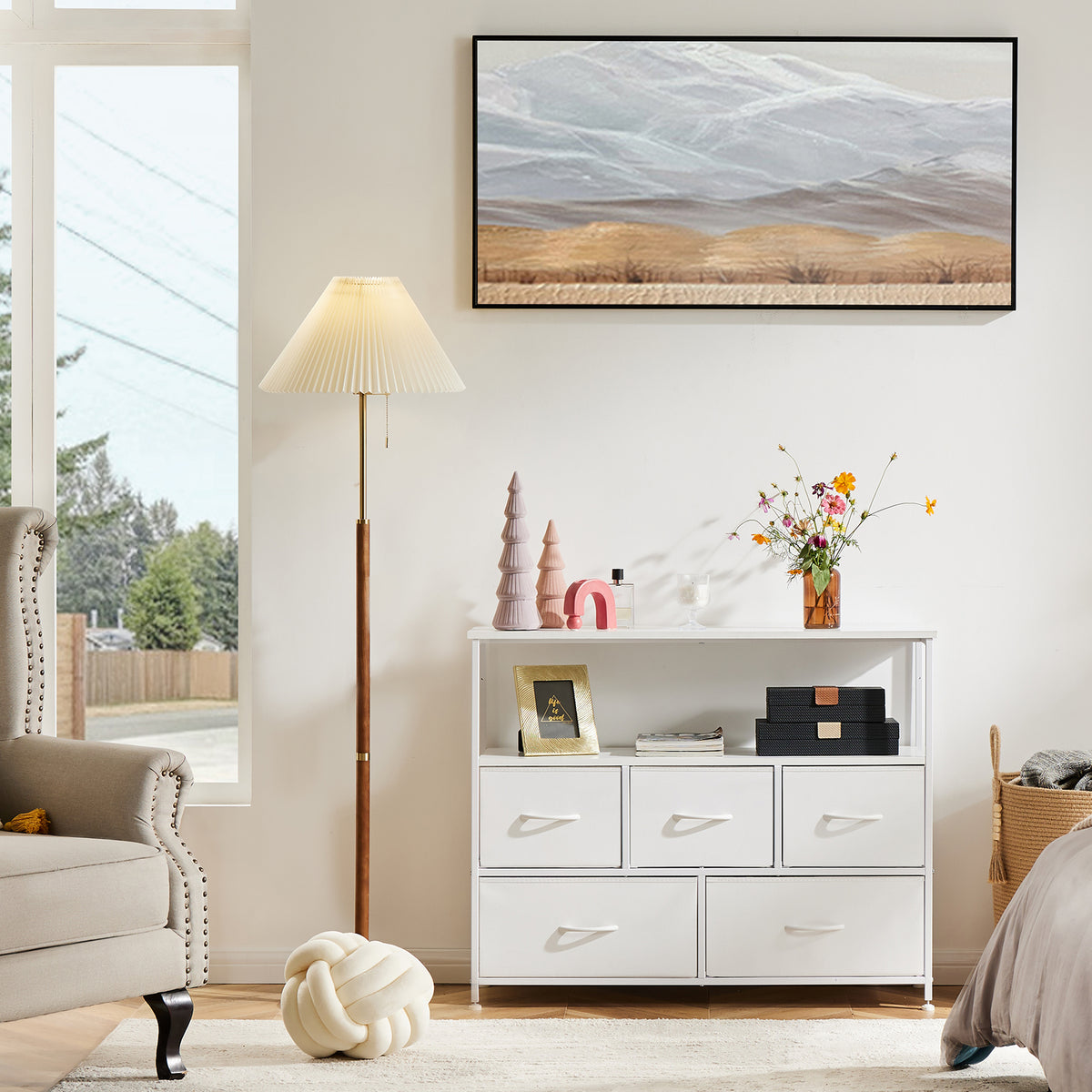 Modern TV Stand with 5 Fabric Drawers, Adjustable Feet, TV Cabinet for Living Room Bedroom