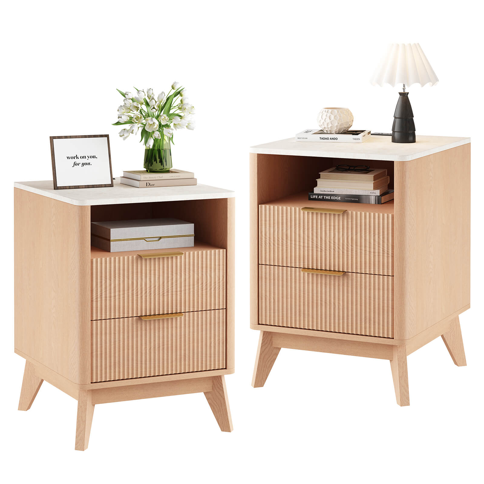 Wooden Nightstand with AC Outlets – Mid-Century Design