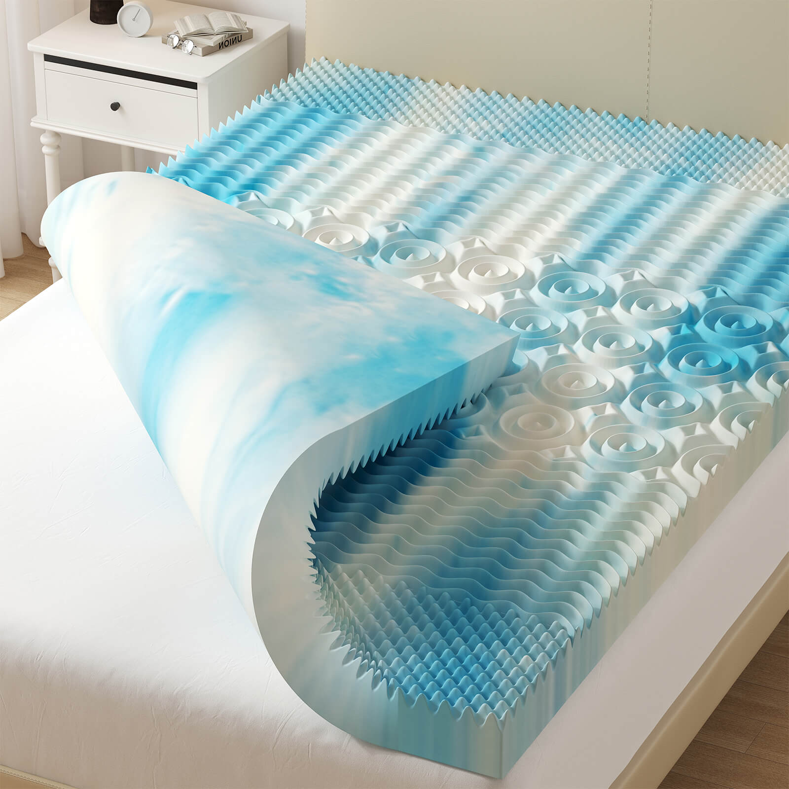 Gel Memory Foam Mattress Topper - 5-Zone Cooling Pad (Full Size)