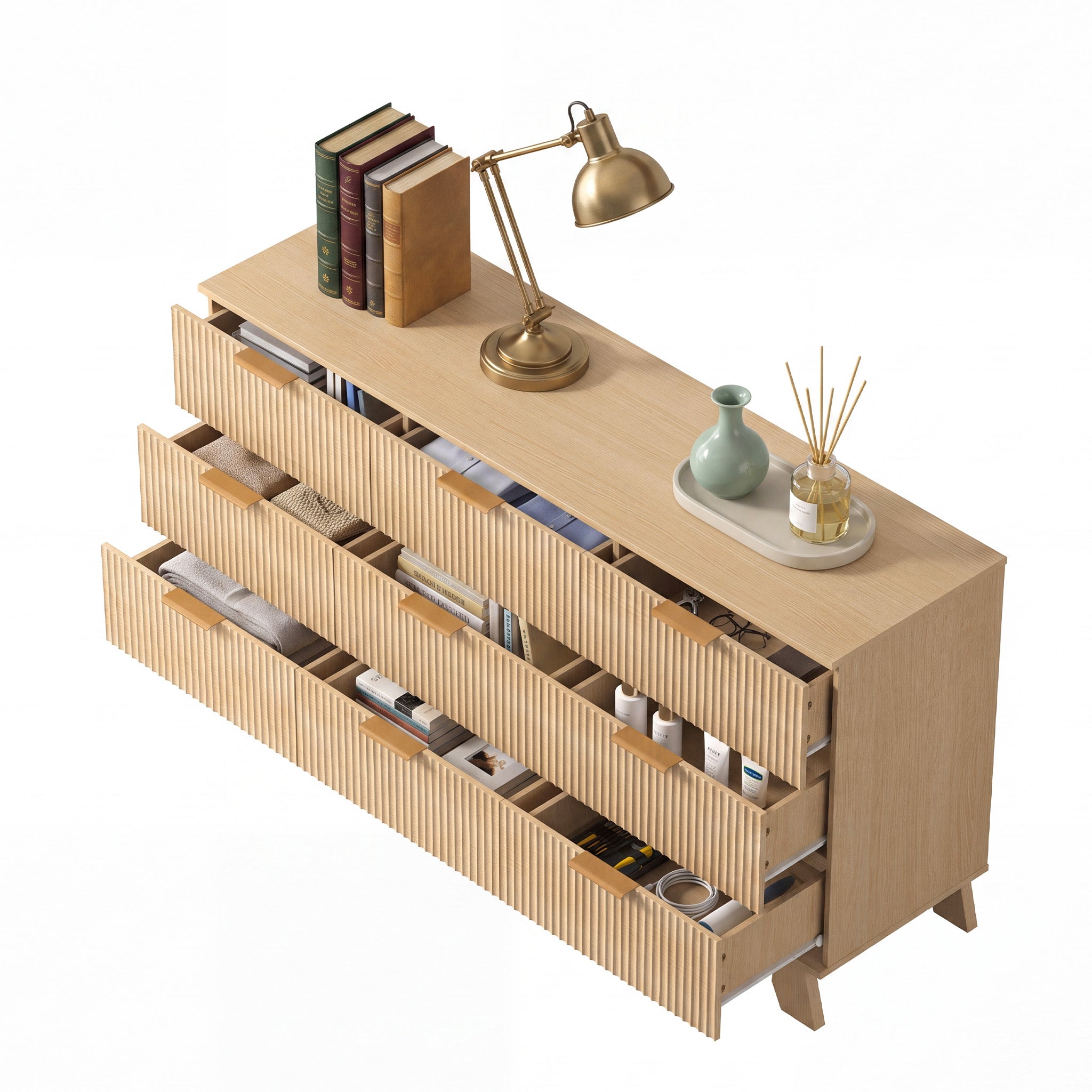 Modern Fluted 9-Drawer Dresser, Wide Wood Chest with Metal Handles, Natural Oak