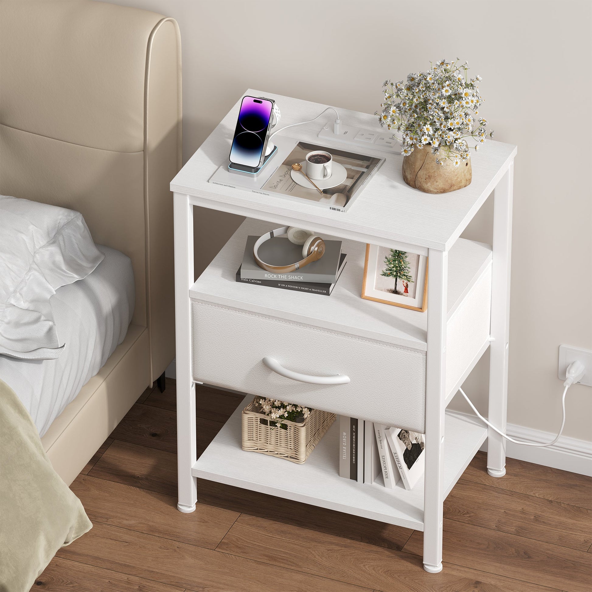 Modern Nightstand with Power Outlets and Fabric Drawer