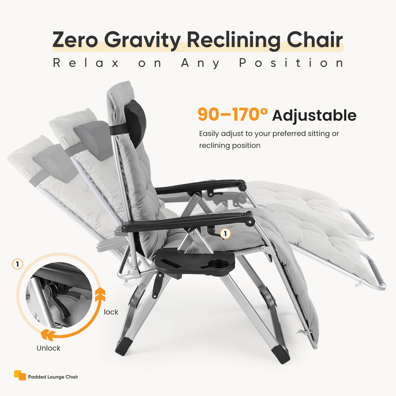 Foldable Zero-Gravity Outdoor Lounge Chair for Beach/Patio