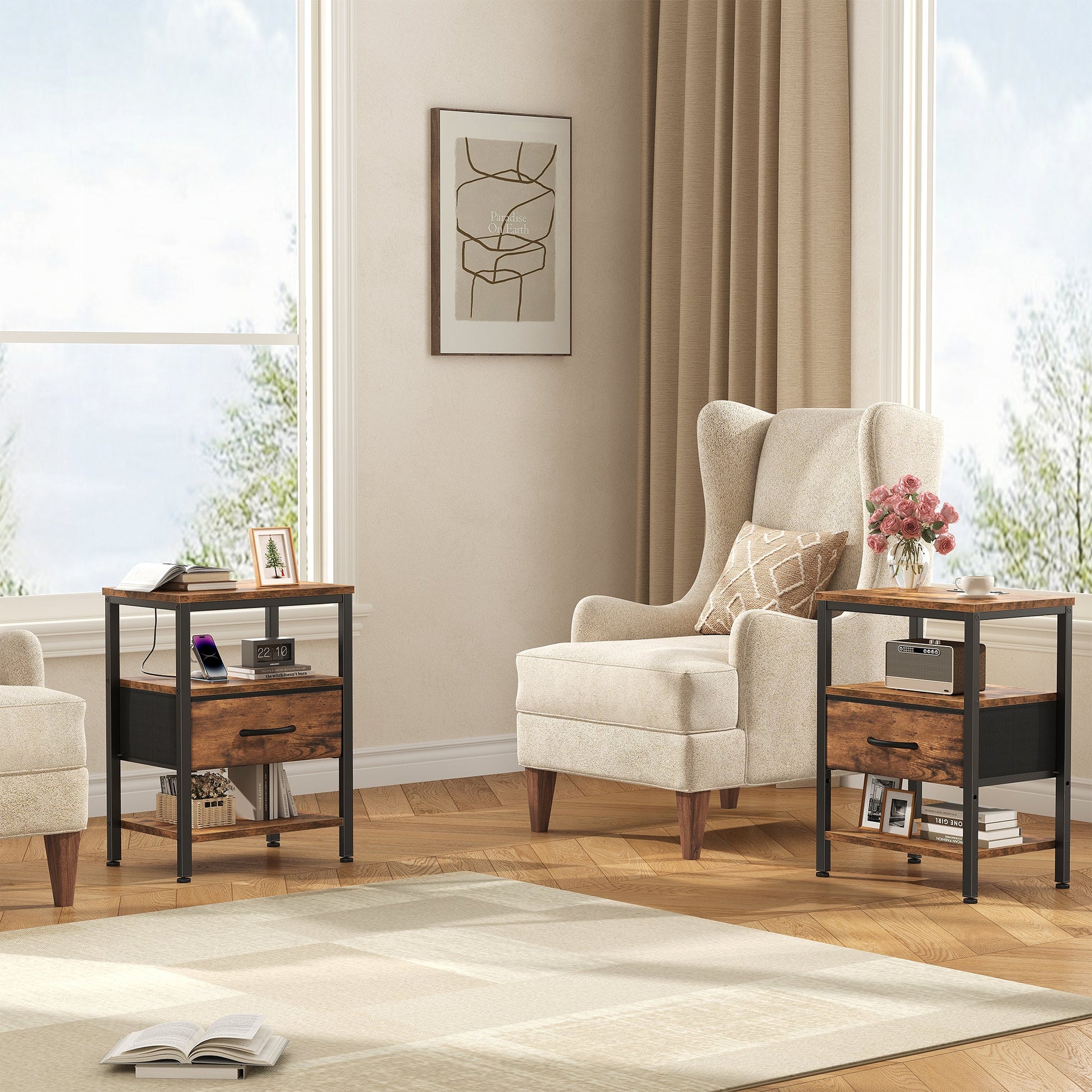 Modern Nightstand with Power Outlets and Fabric Drawer