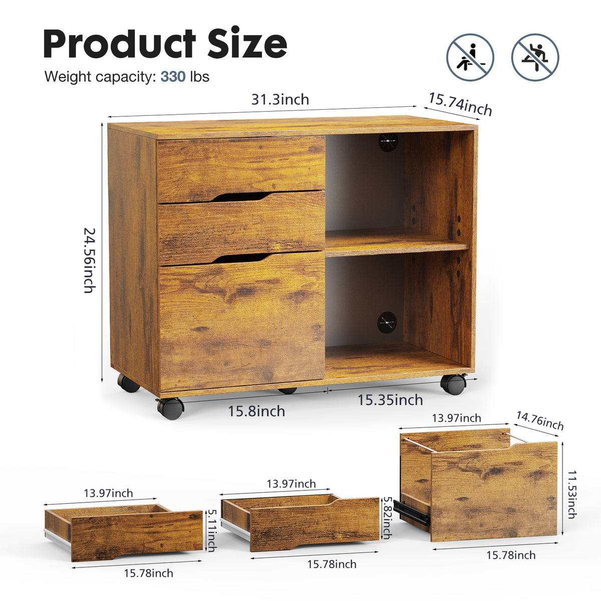 3-Drawer Rolling File Cabinet with Open Storage Shelf - Black/White
