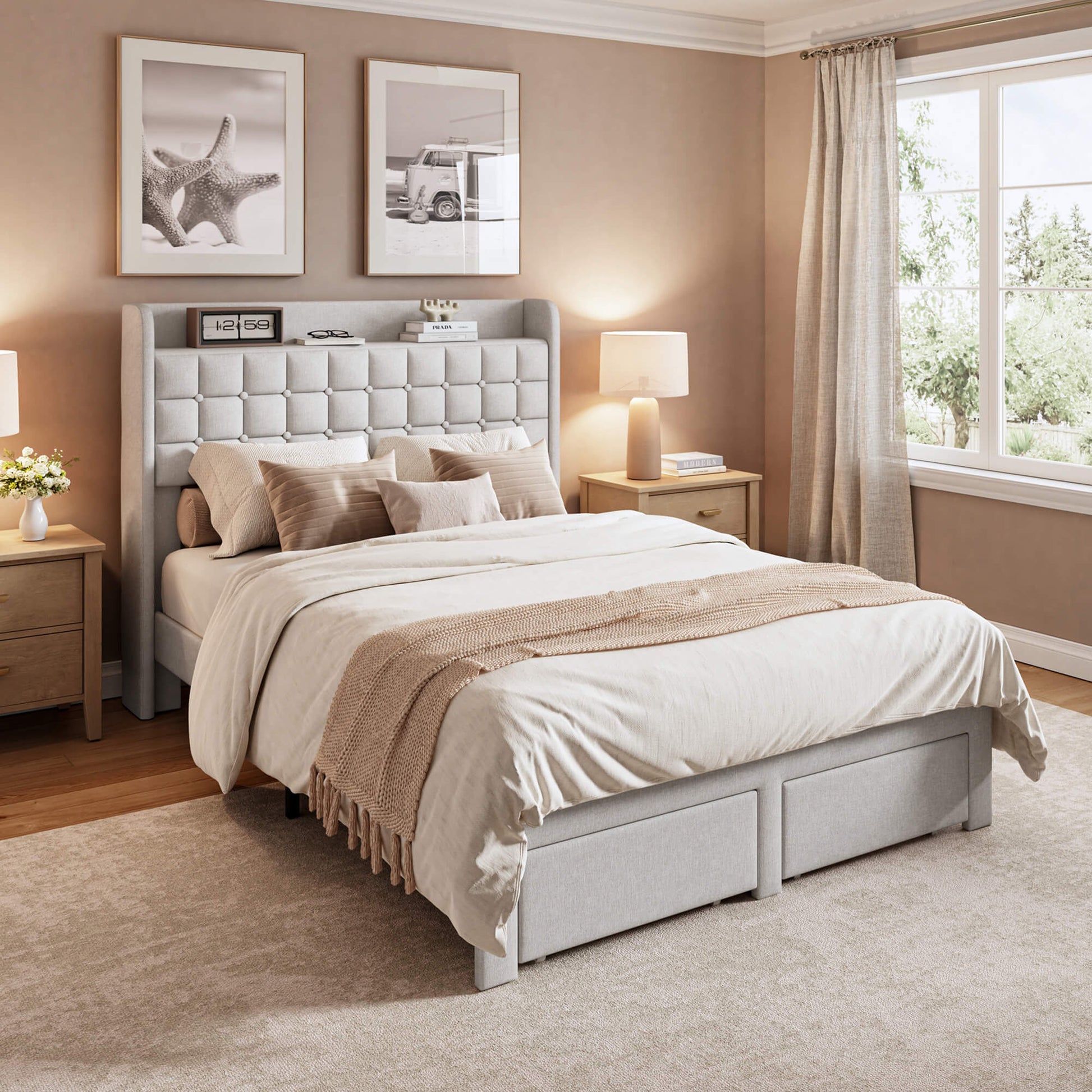 Upholstered Heavy Duty Platform Bed Frame with Drawers