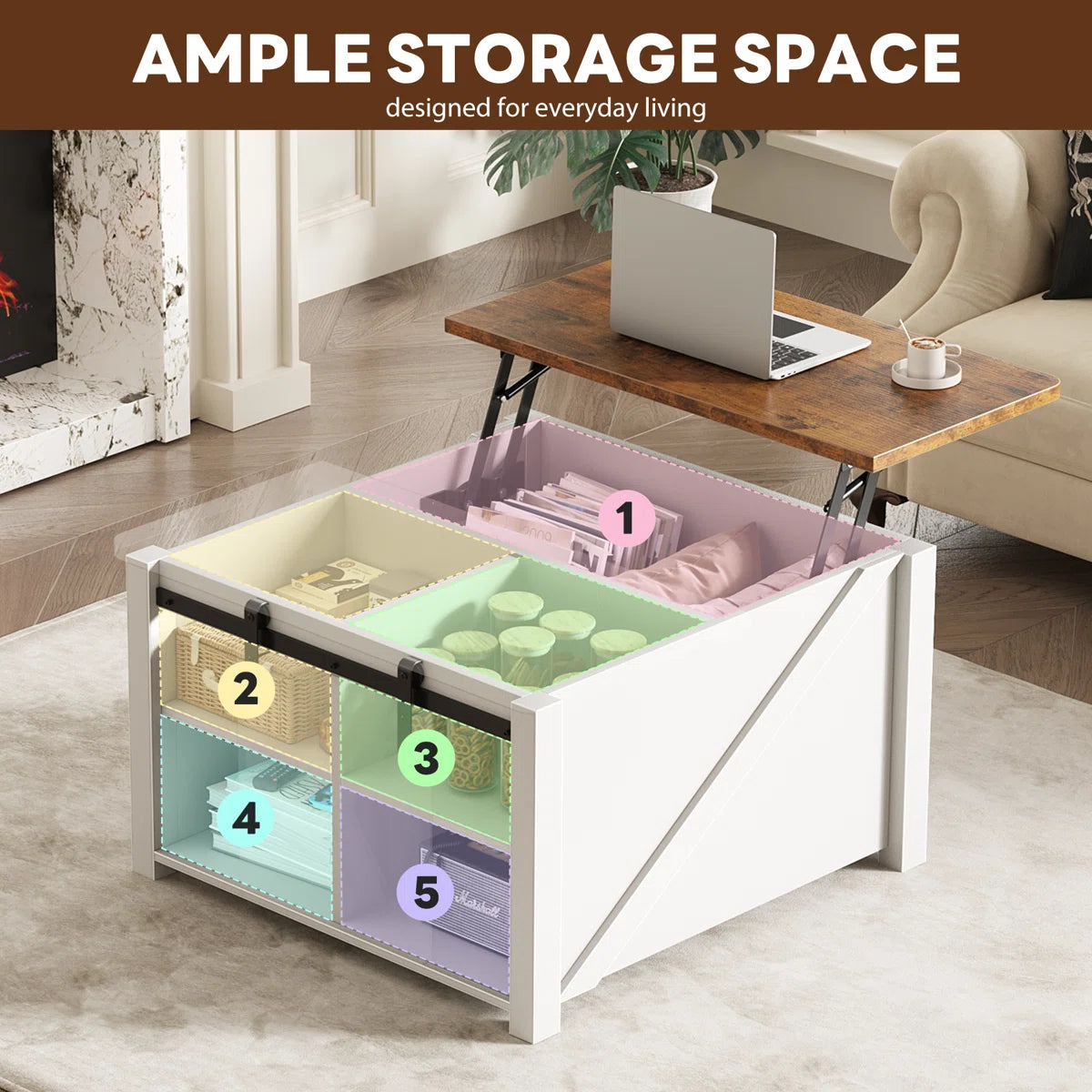 Square Coffee Table with Lift-Top Storage and Sliding Barn Doors