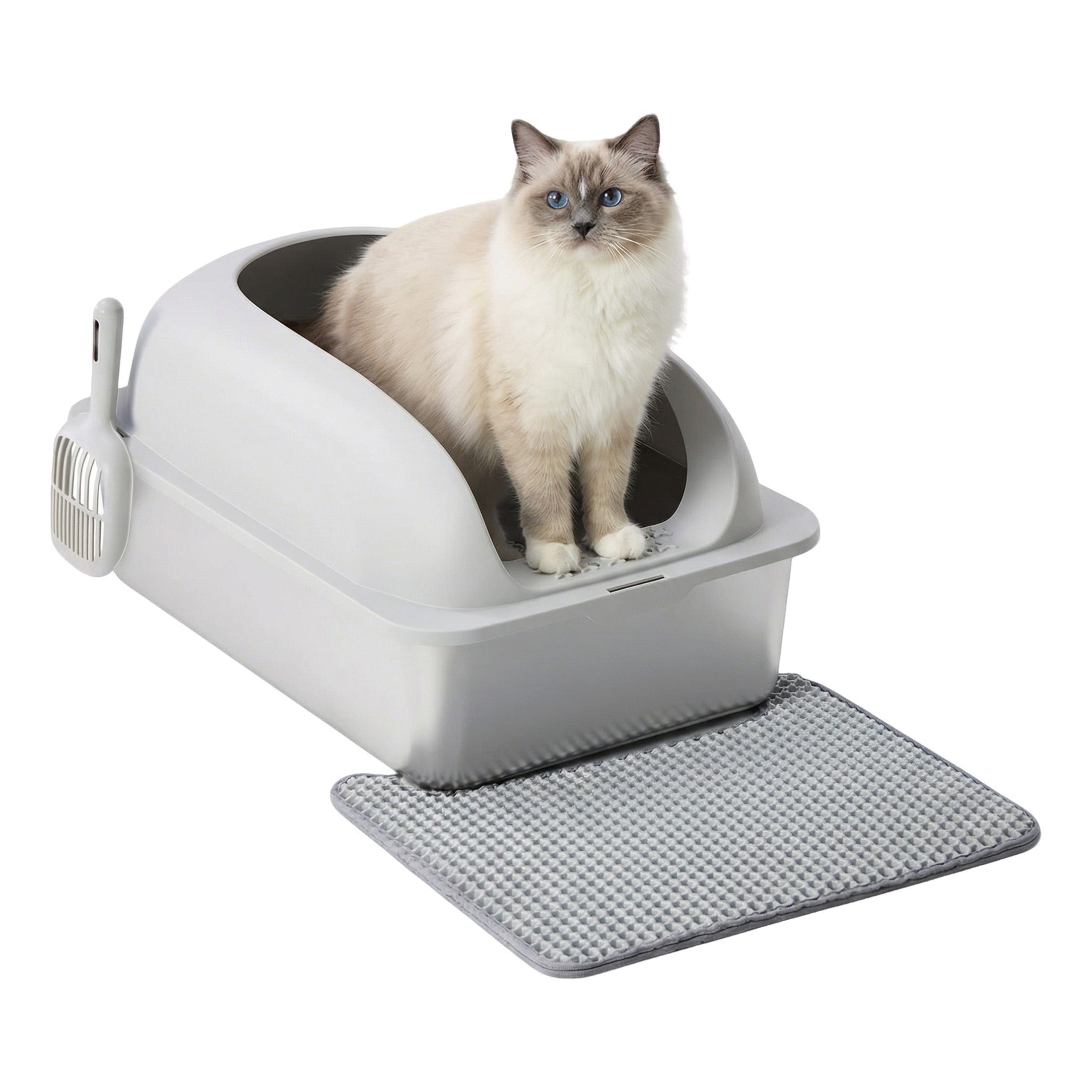 Stainless Steel Cat Litter Box with Scoop & Double-Layer Mat