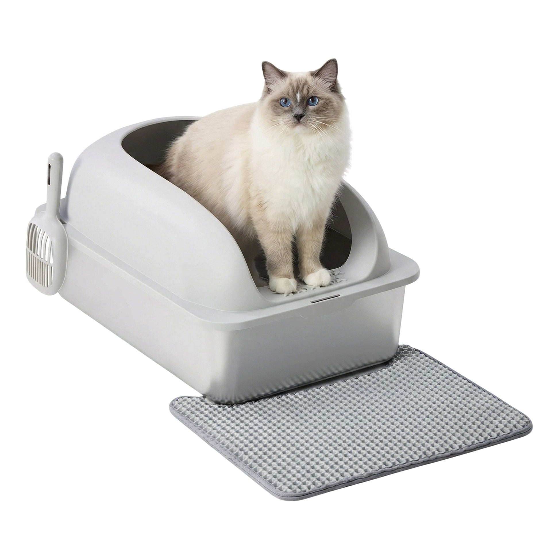 Stainless Steel Cat Litter Box with Scoop & Double-Layer Mat