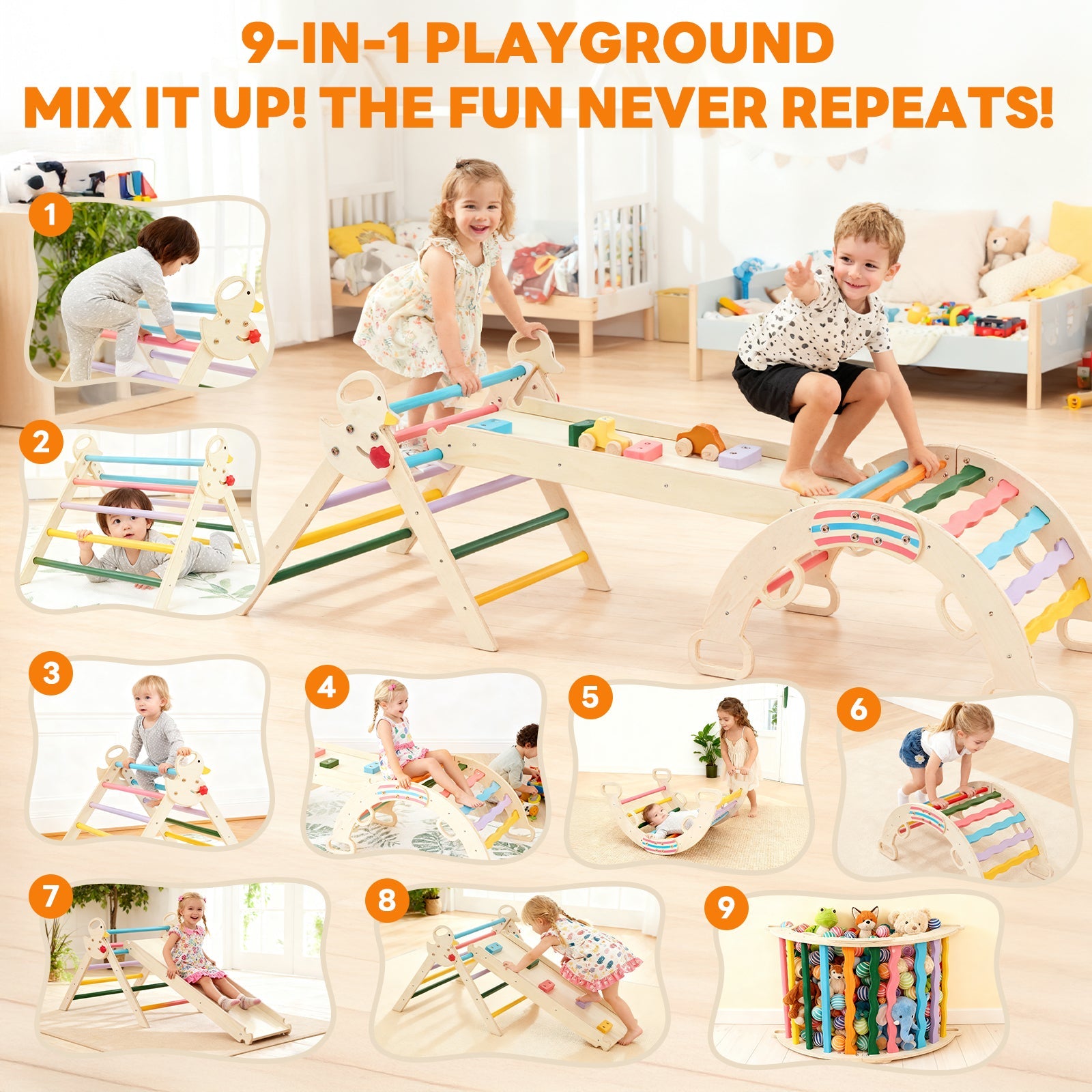 9-in-1 Pikler Triangle Set - Foldable Wooden Montessori Climber with Arch, Ramp & Ladder for Toddlers, Indoor Jungle Gym