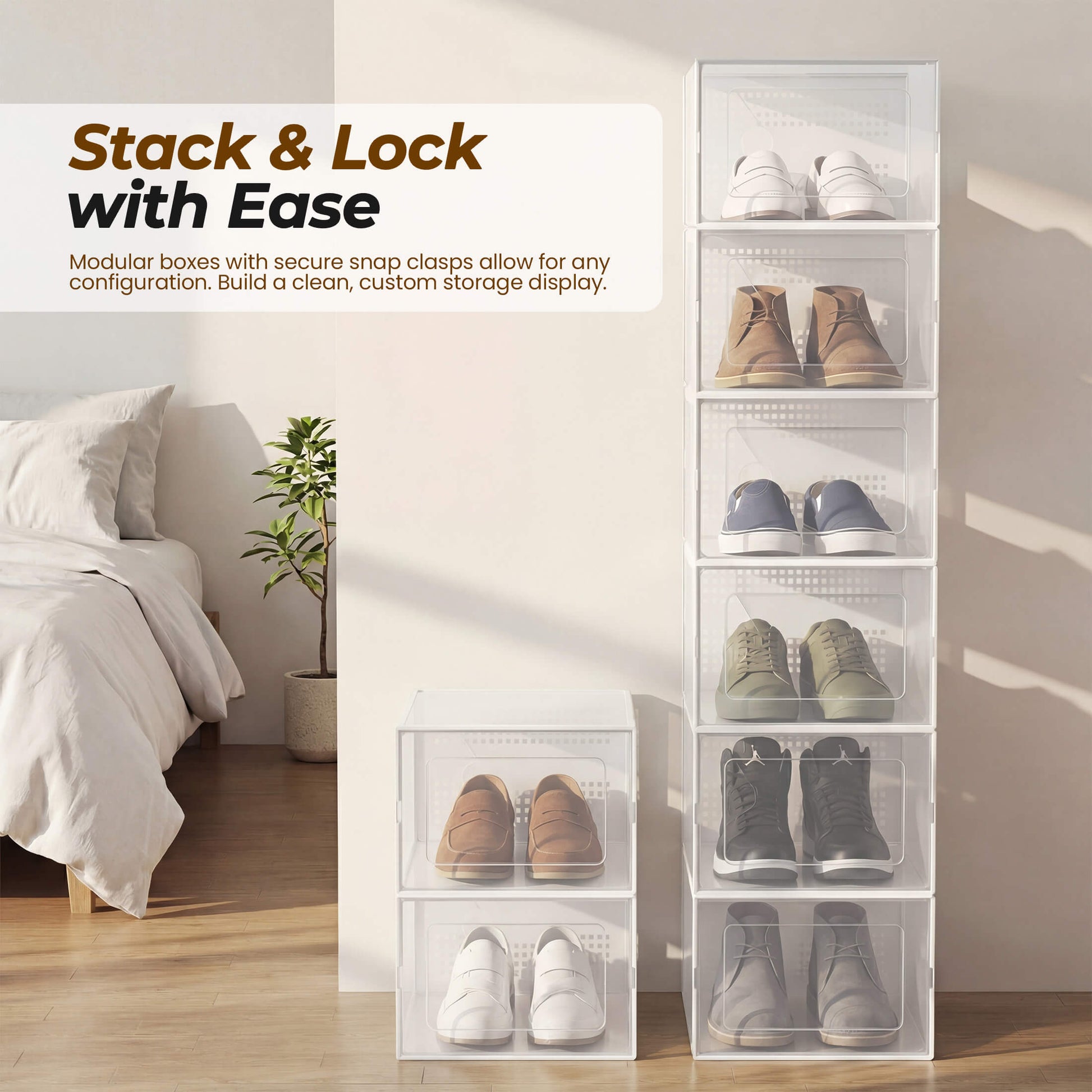 Stackable Shoe Storage Boxes - Clear Sneaker Display Case with Lids, Black Shoe Organizer for Closet & Entryway