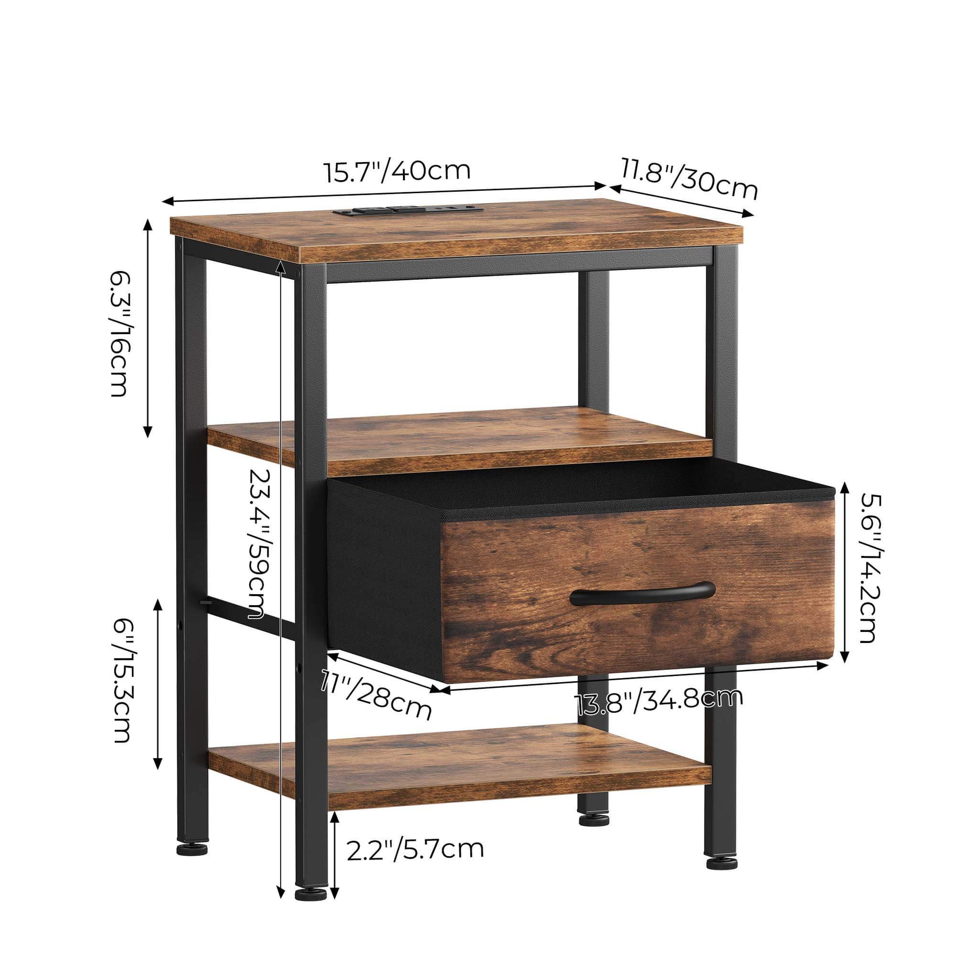 Modern Nightstand with Power Outlets and Fabric Drawer