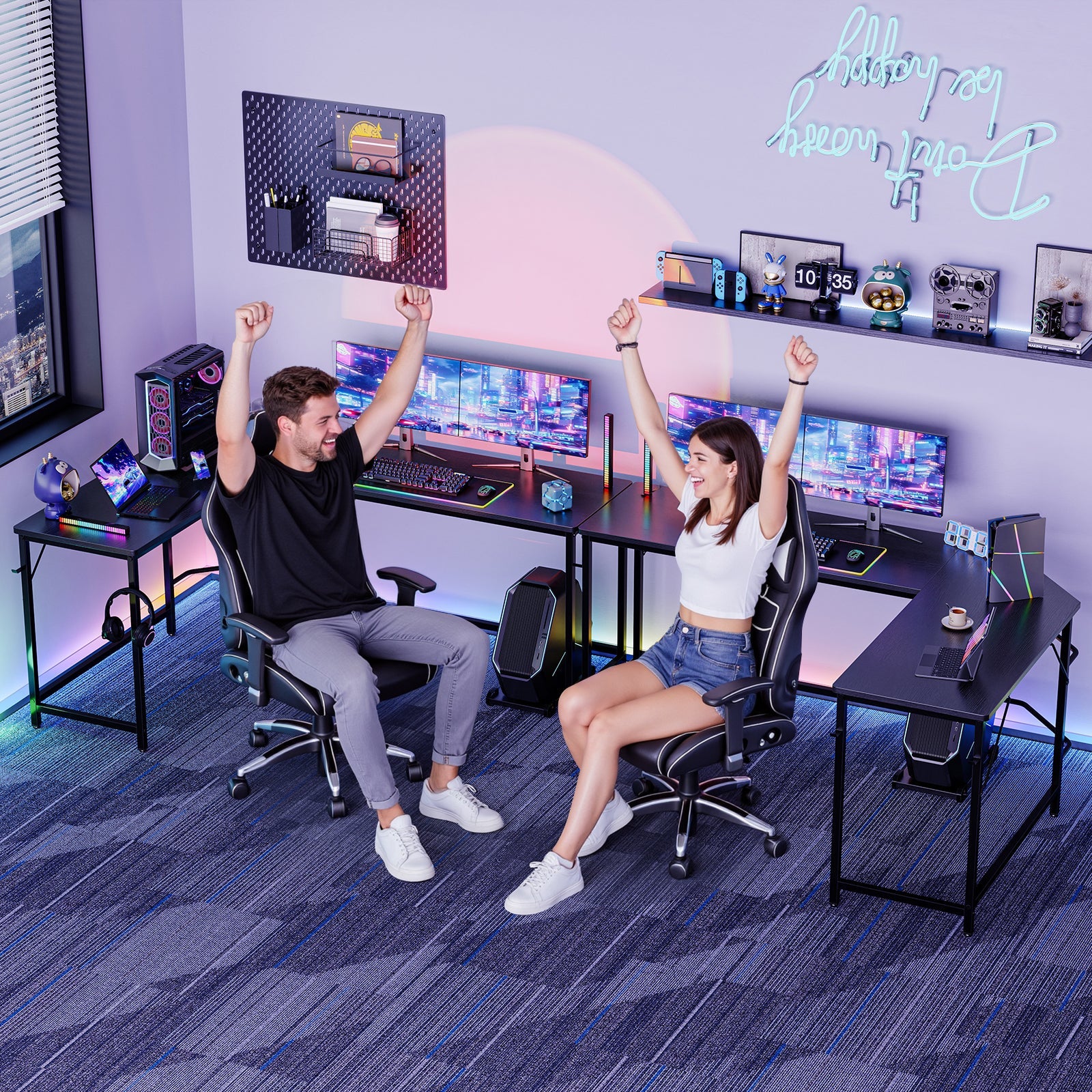 L-shaped Computer Desk with CPU Stand and Side Hooks