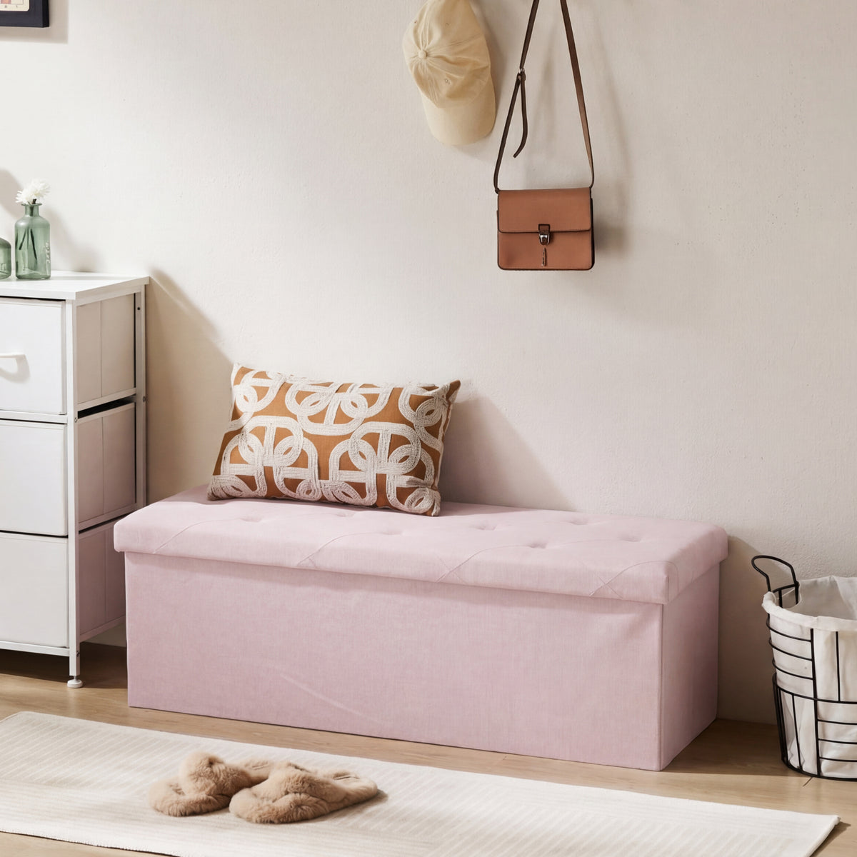 Folding Storage Ottoman Bench with Linen Cushion Top, Versatile Footrest for Bedroom