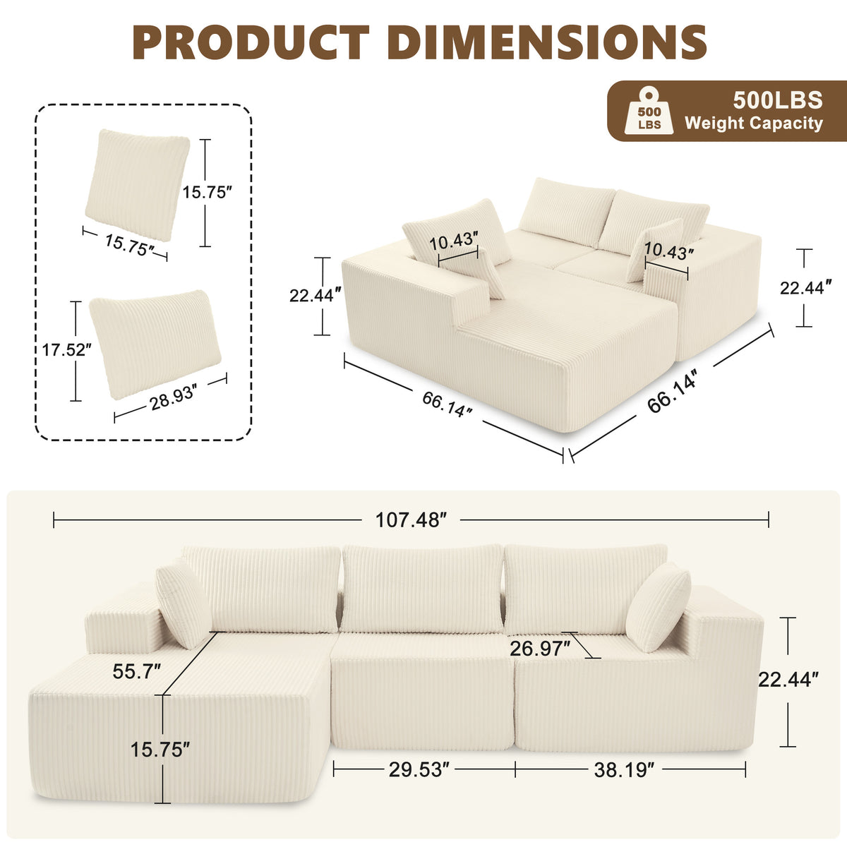 108" Modular Sectional Sofa with Chaise, Cloud Plush Corduroy Couch - Beige
