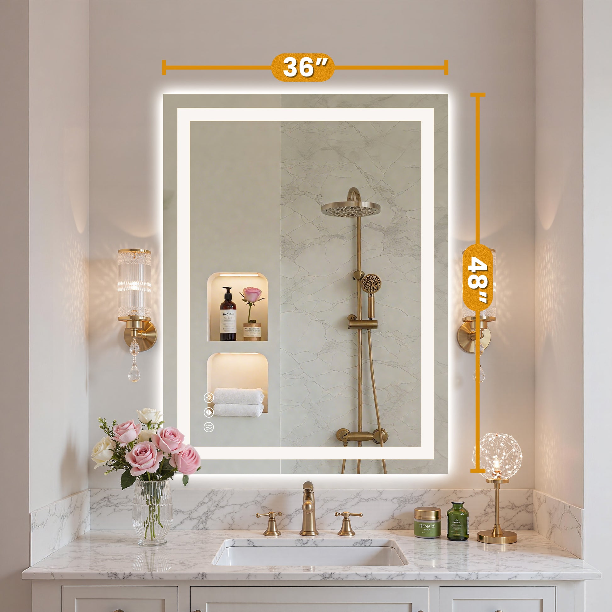 Rectangular LED Bathroom Mirror with Anti-Fog & Touch Control