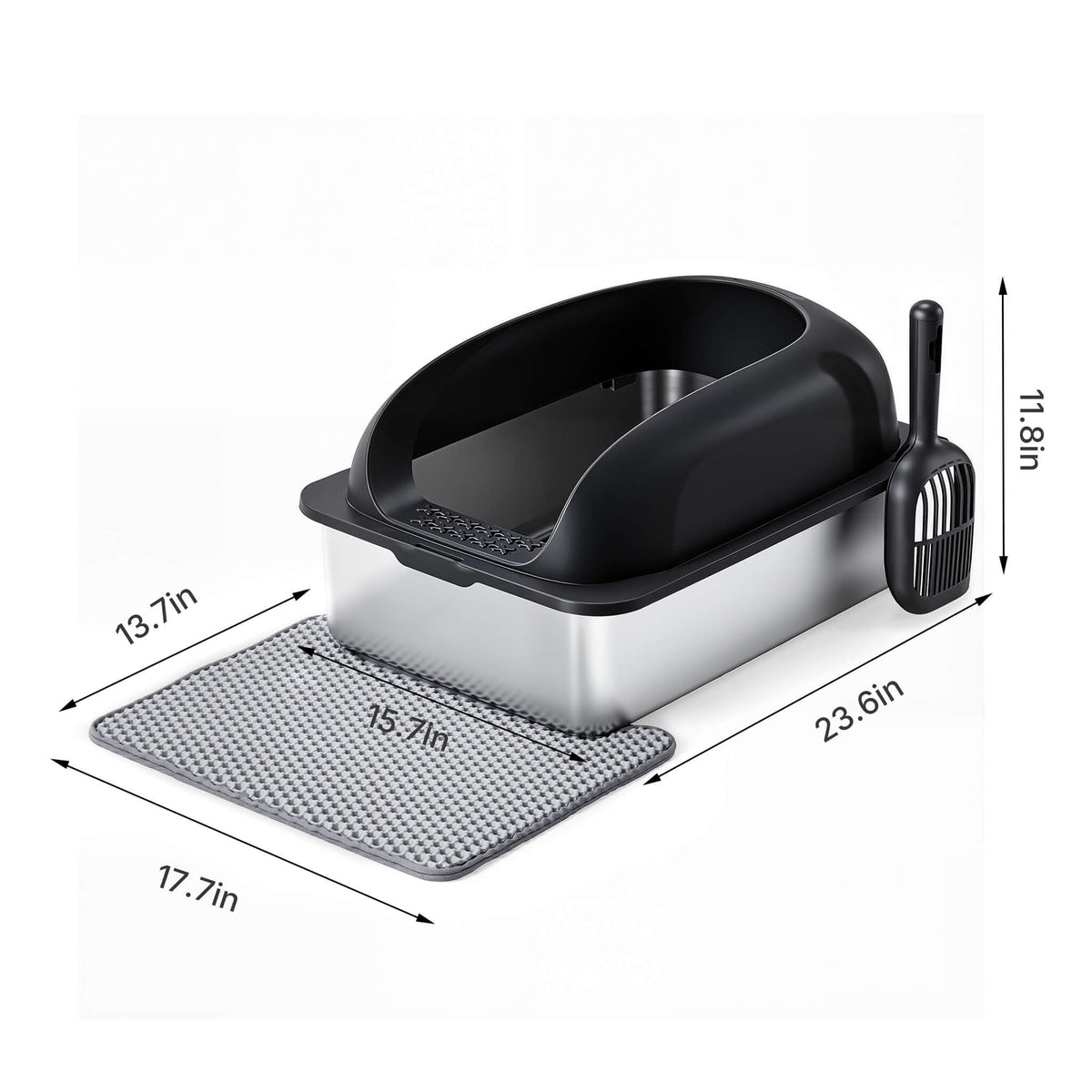 Stainless Steel Cat Litter Box with Scoop & Double-Layer Mat