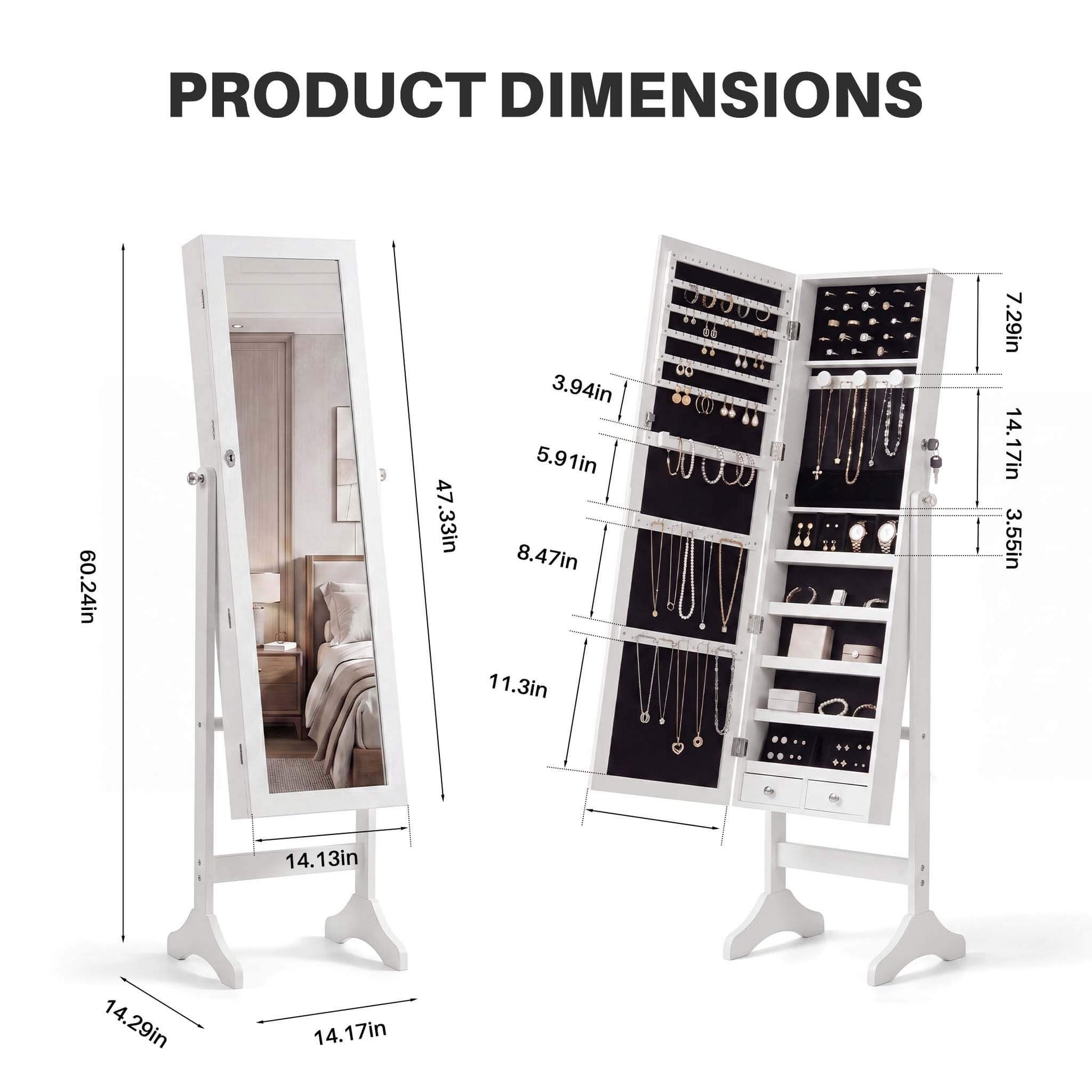 Freestanding Adjustable Full Length Mirror Jewelry Cabinet