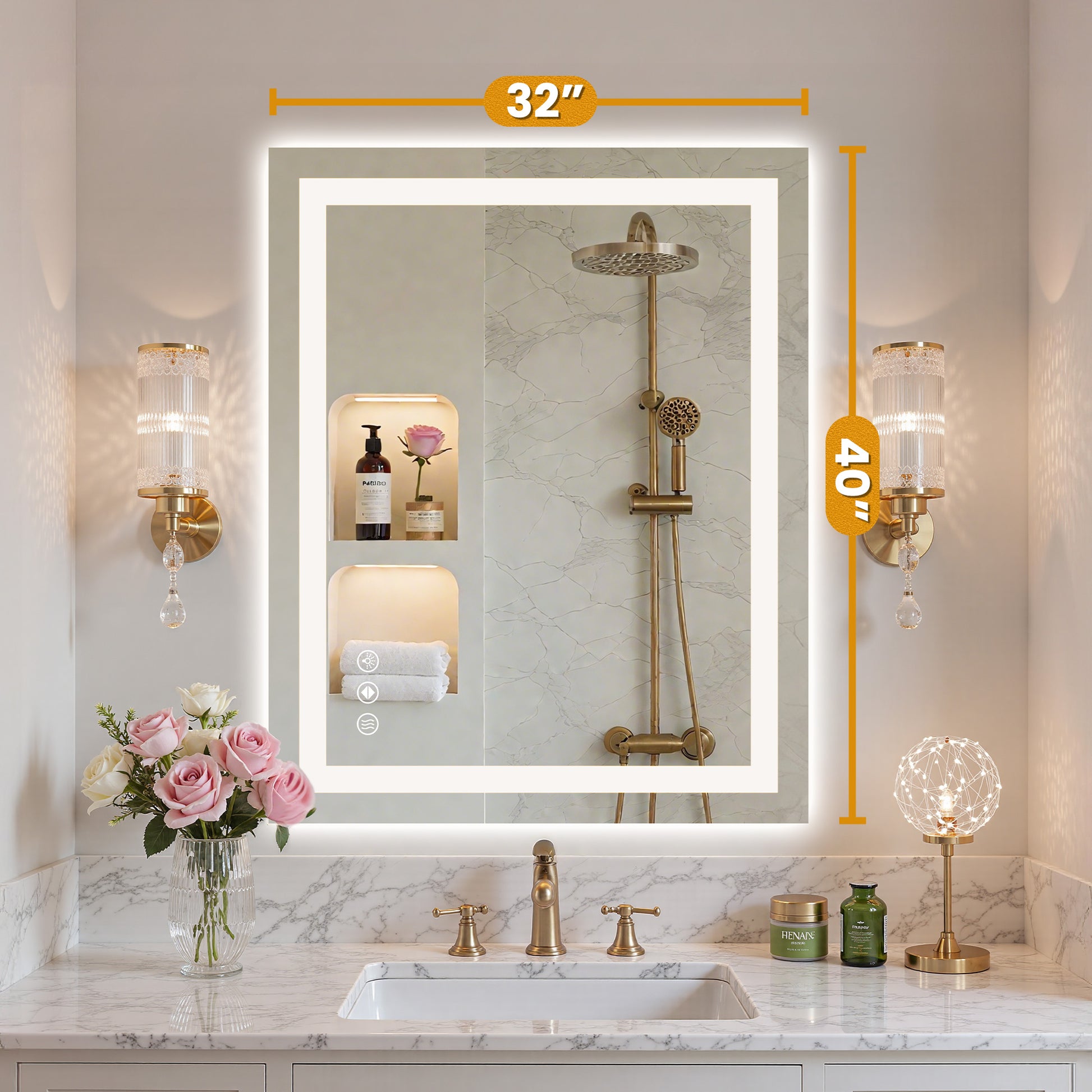 Rectangular LED Bathroom Mirror with Anti-Fog & Touch Control