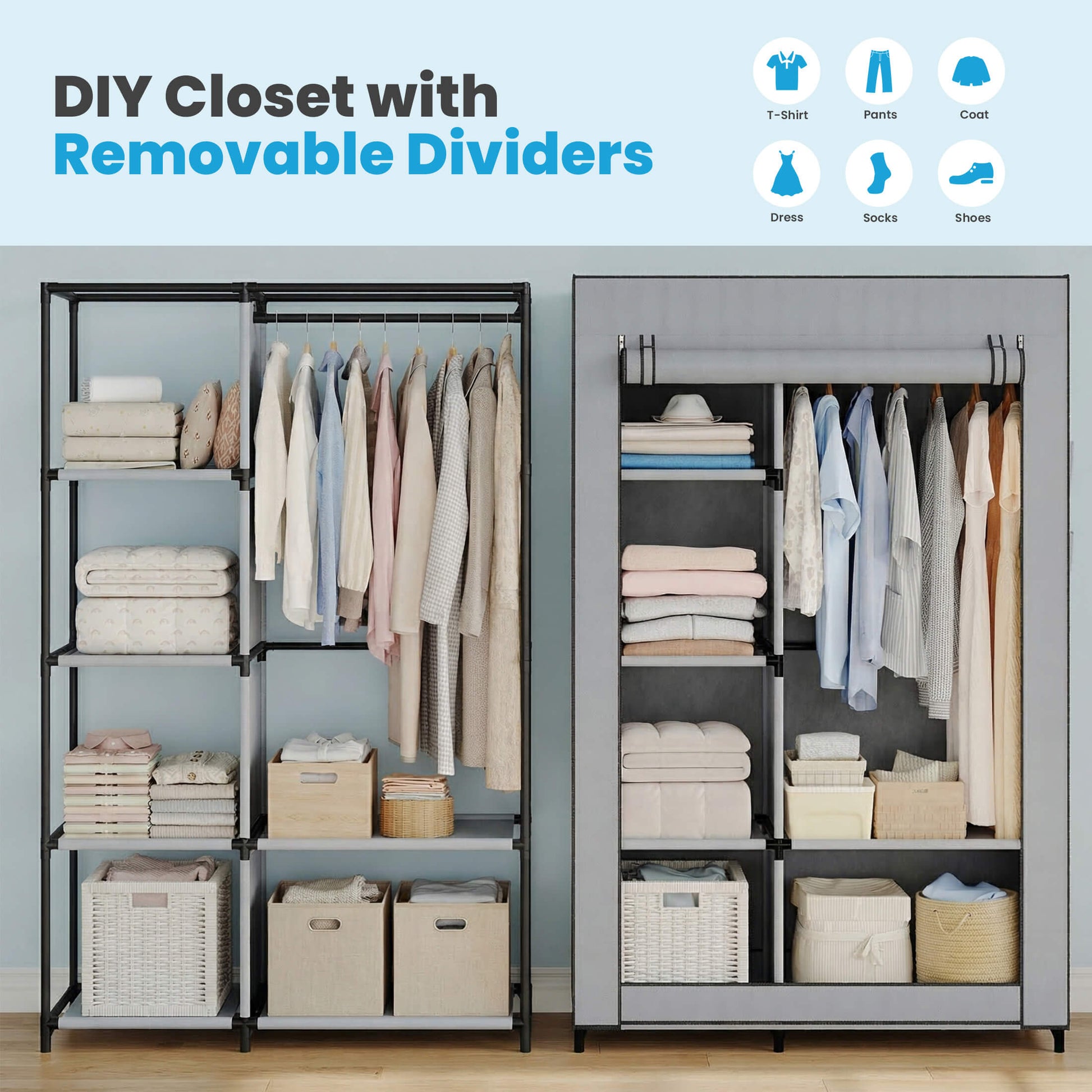 Portable Wardrobe Closet with Cover – Freestanding Clothes Organizer for Bedroom, Dorm & Apartment