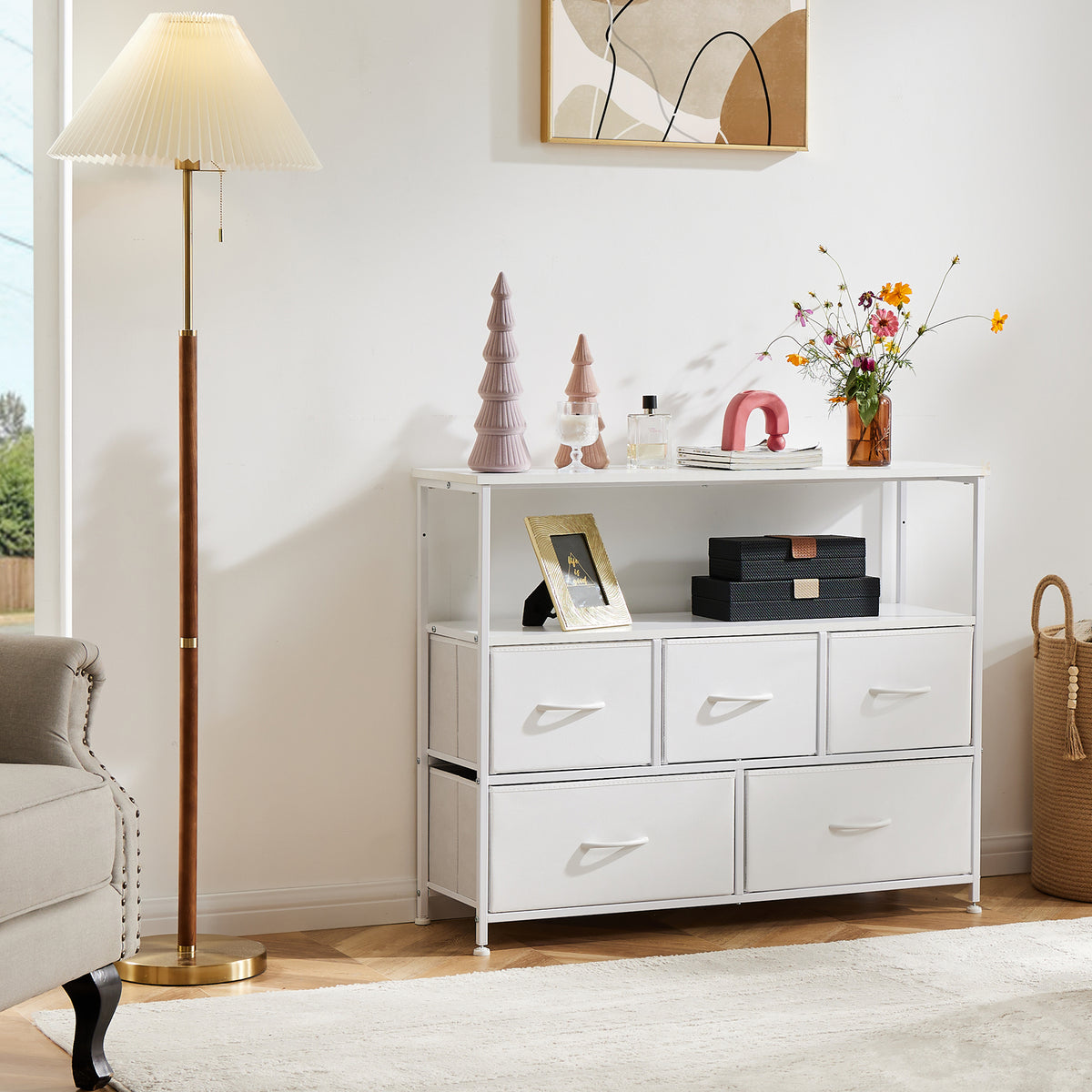 Modern TV Stand with 5 Fabric Drawers, Adjustable Feet, TV Cabinet for Living Room Bedroom