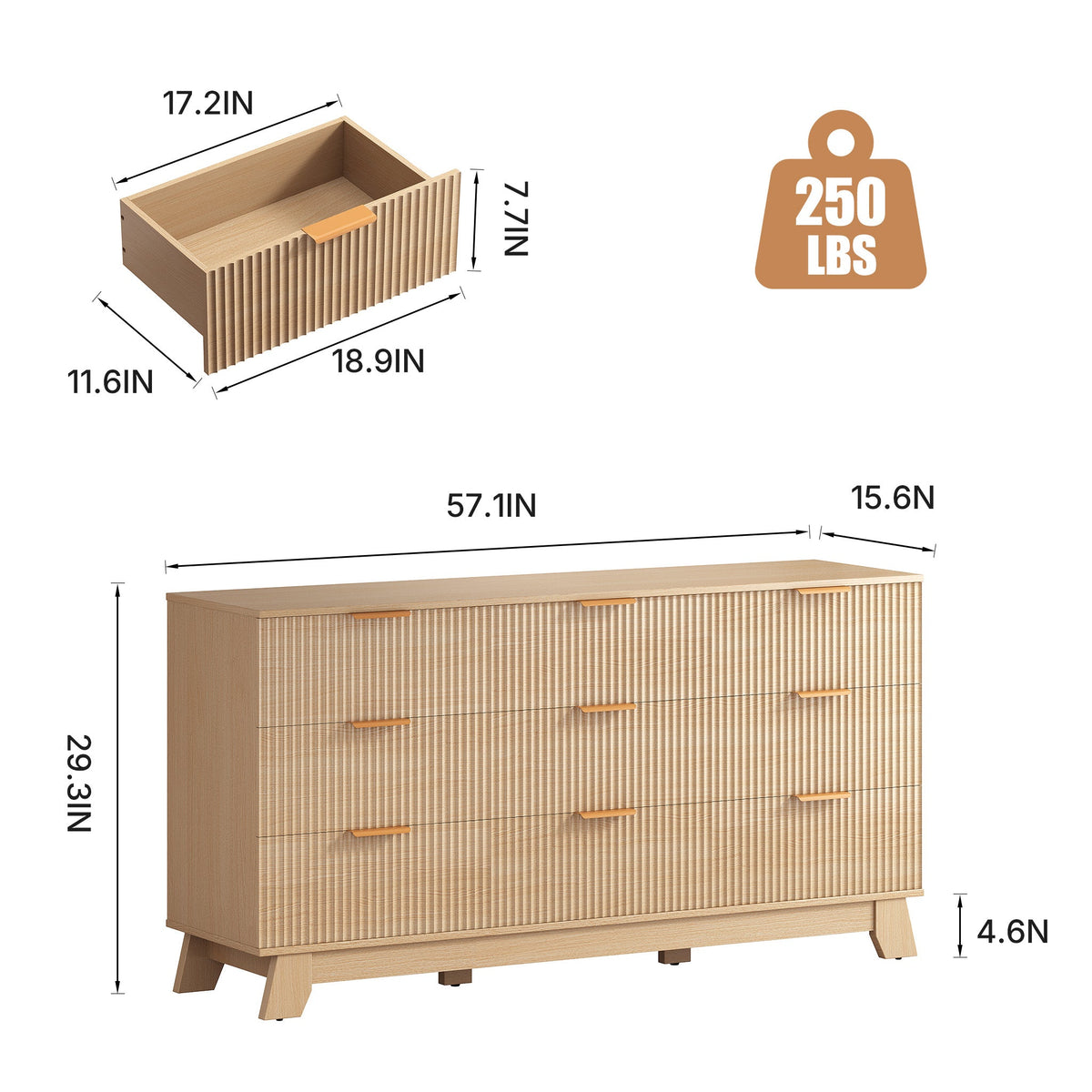 Modern Fluted 9-Drawer Dresser, Wide Wood Chest with Metal Handles, Natural Oak