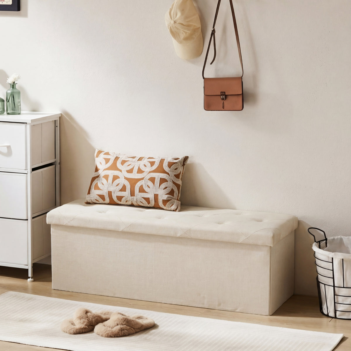 Folding Storage Ottoman Bench with Linen Cushion Top, Versatile Footrest for Bedroom