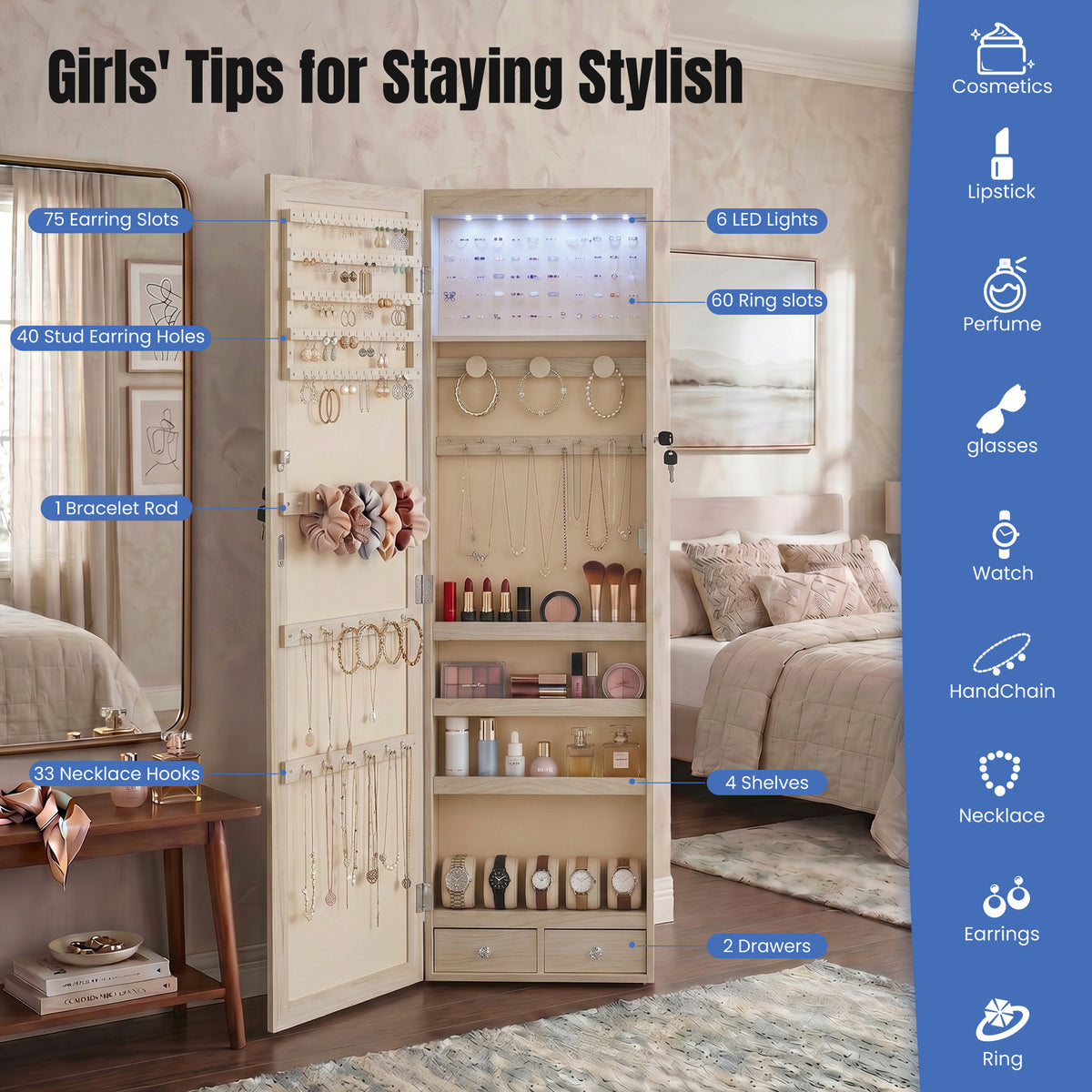 Jewellery Cabinet Hangable with Mirror for Bedroom
