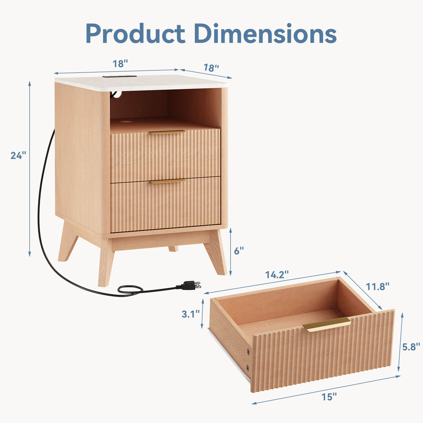 Wooden Nightstand with AC Outlets – Mid-Century Design