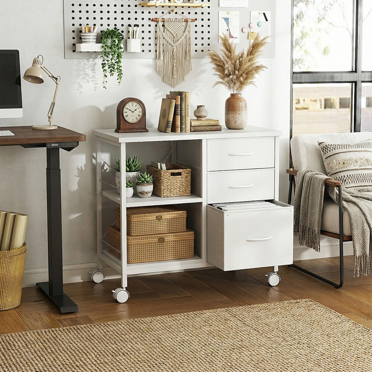 3-Drawer Fabric Rolling File Cabinet with Open Storage Shelf