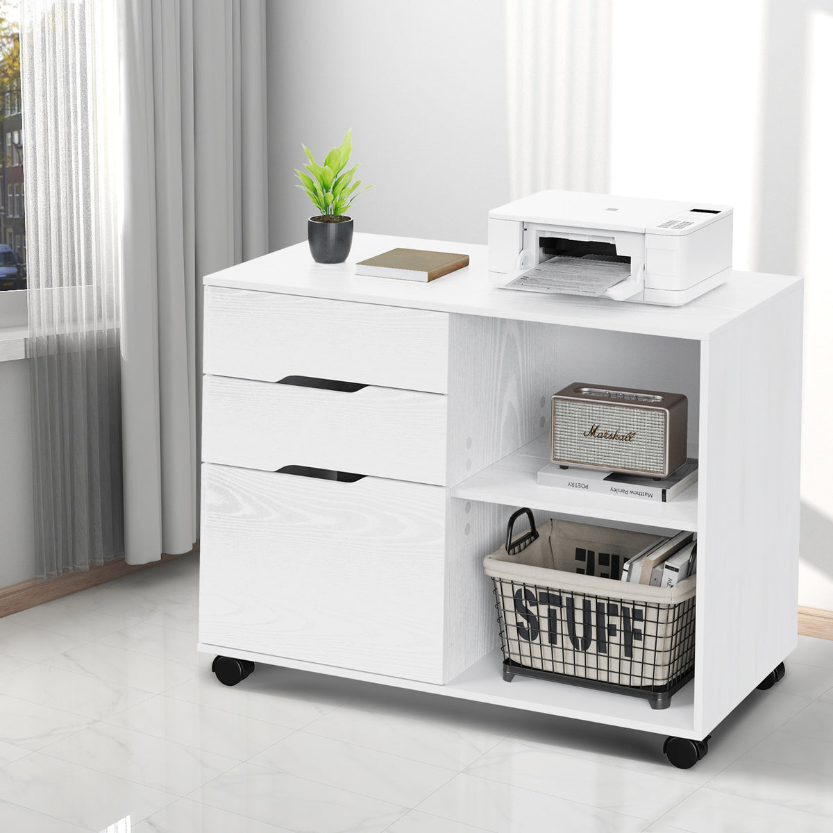 3-Drawer Rolling File Cabinet with Open Storage Shelf - Black/White