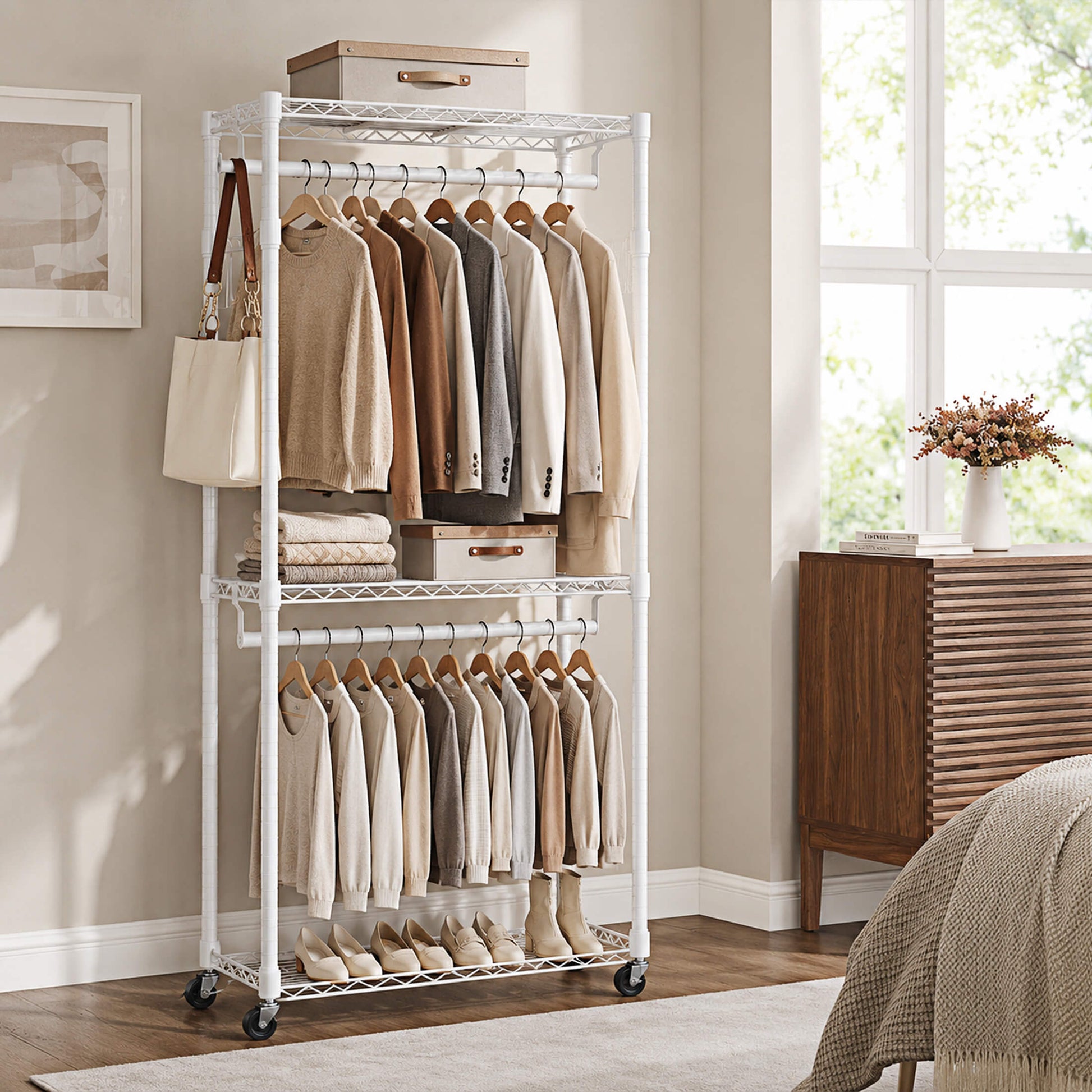 Adjustable metal coat rack with shelves and hooks