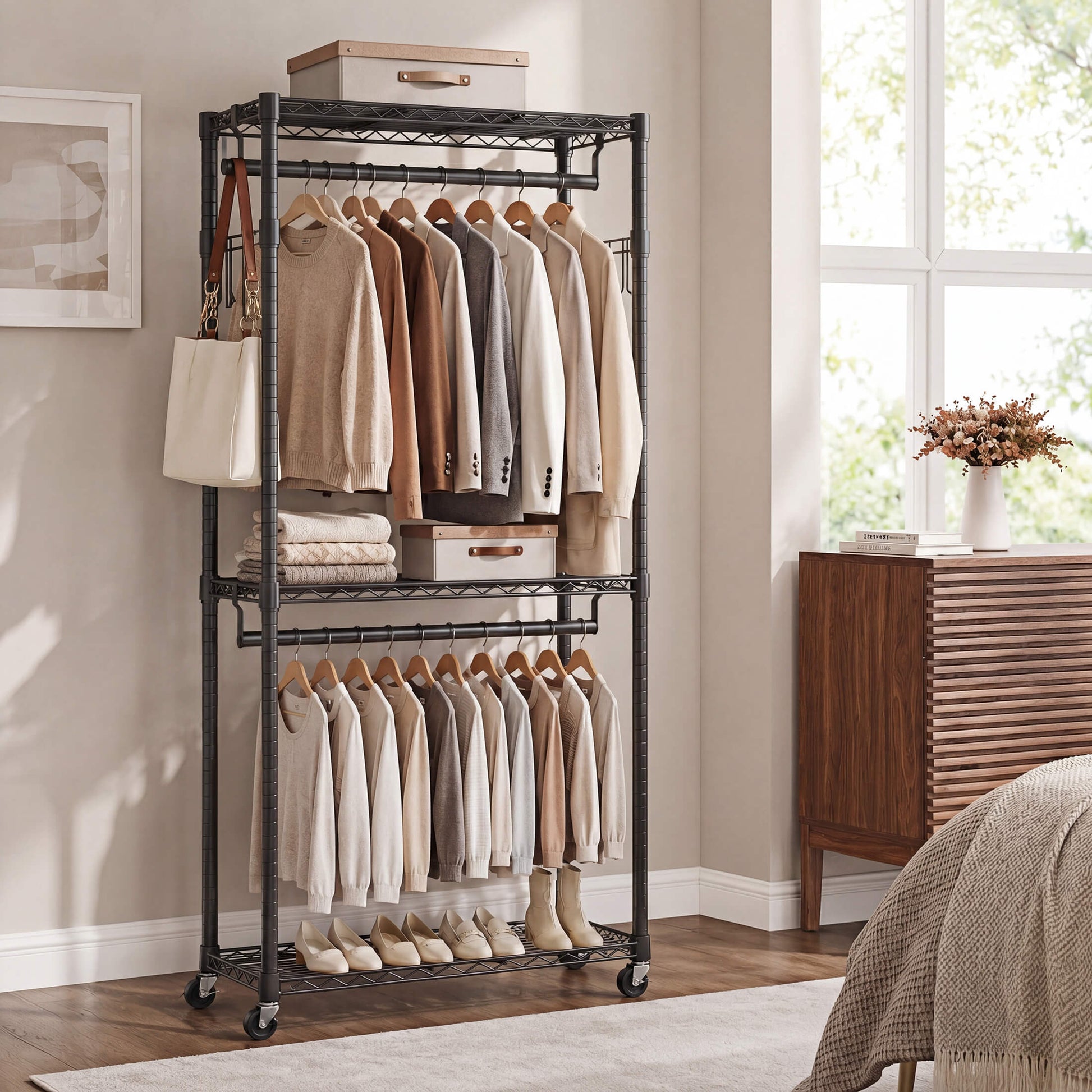 Adjustable metal coat rack with shelves and hooks